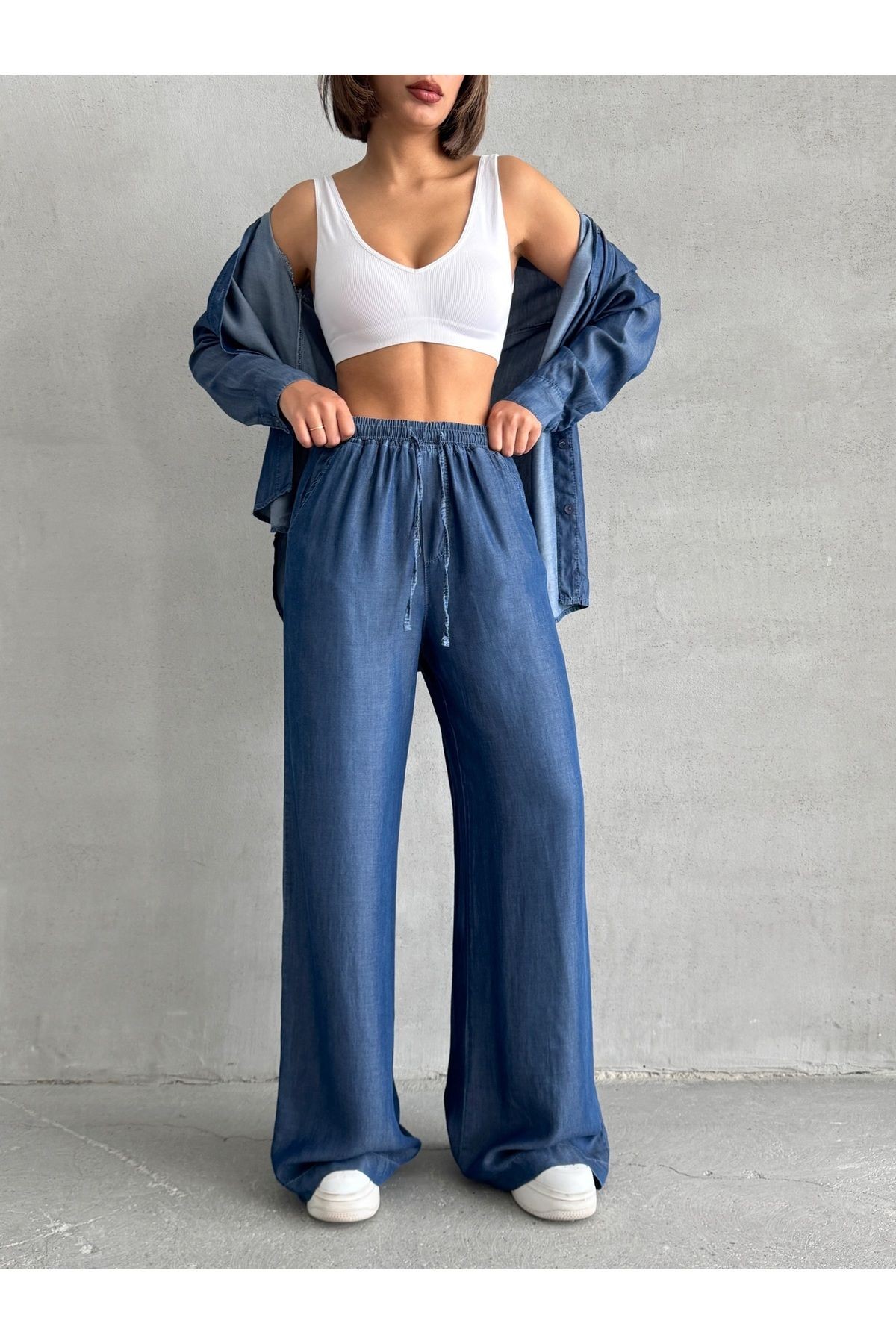 Denim Gömlek ve Bel Lastikli Pantolon Lacivert İkili Takım MISSTKLAC941