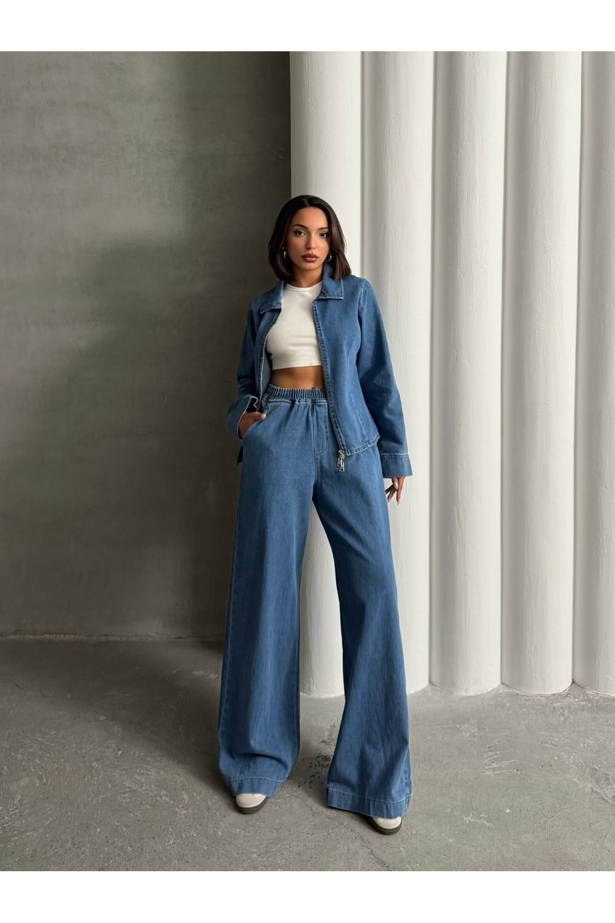 Mavi Beli Lastikli Normal Bel Geniş Paça Denim Pantolon MISSPA939