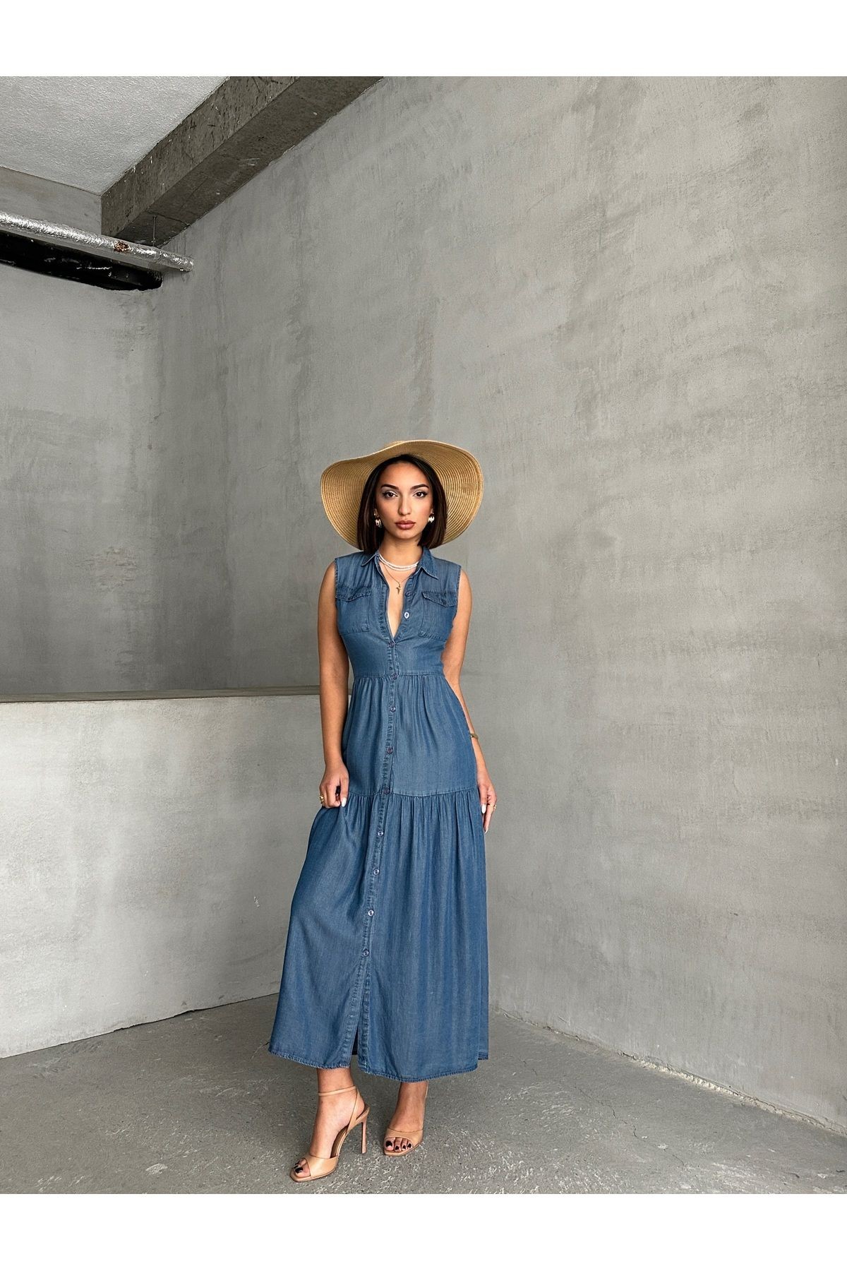 Gömlek Yaka Boydan Düğmeli Cep Detaylı Yazlık Denim Elbise MİSS8994
