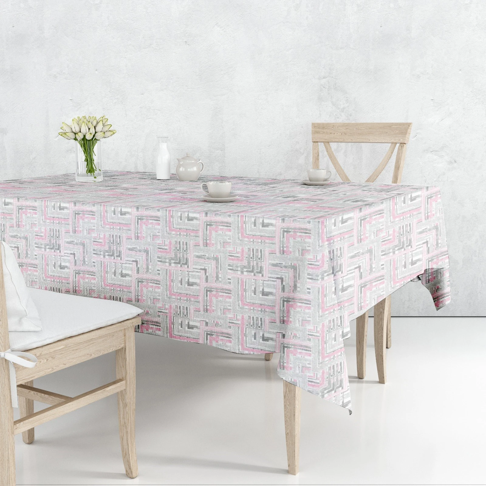 Astarlı Sıvı Geçirmez Silinebilir Muşamba Masa Örtüsü Gri Pembe Labirent