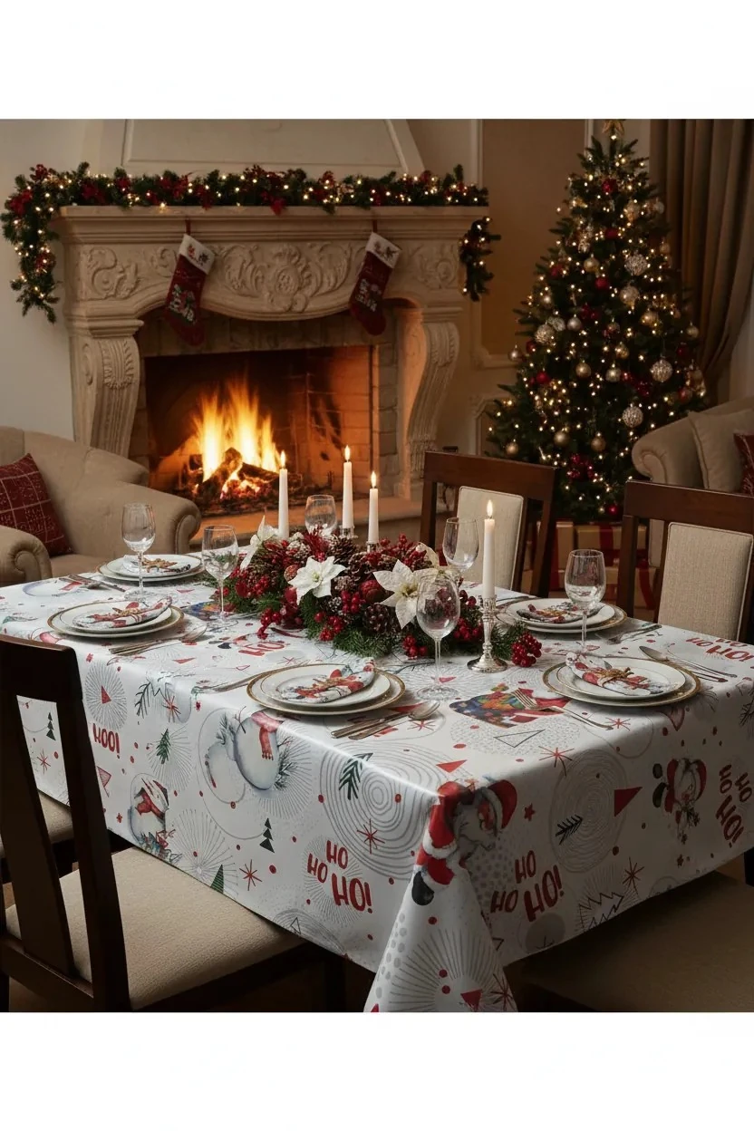 Yılbaşı Desenli Astarlı Silinebilir Muşamba Masa Örtüsü