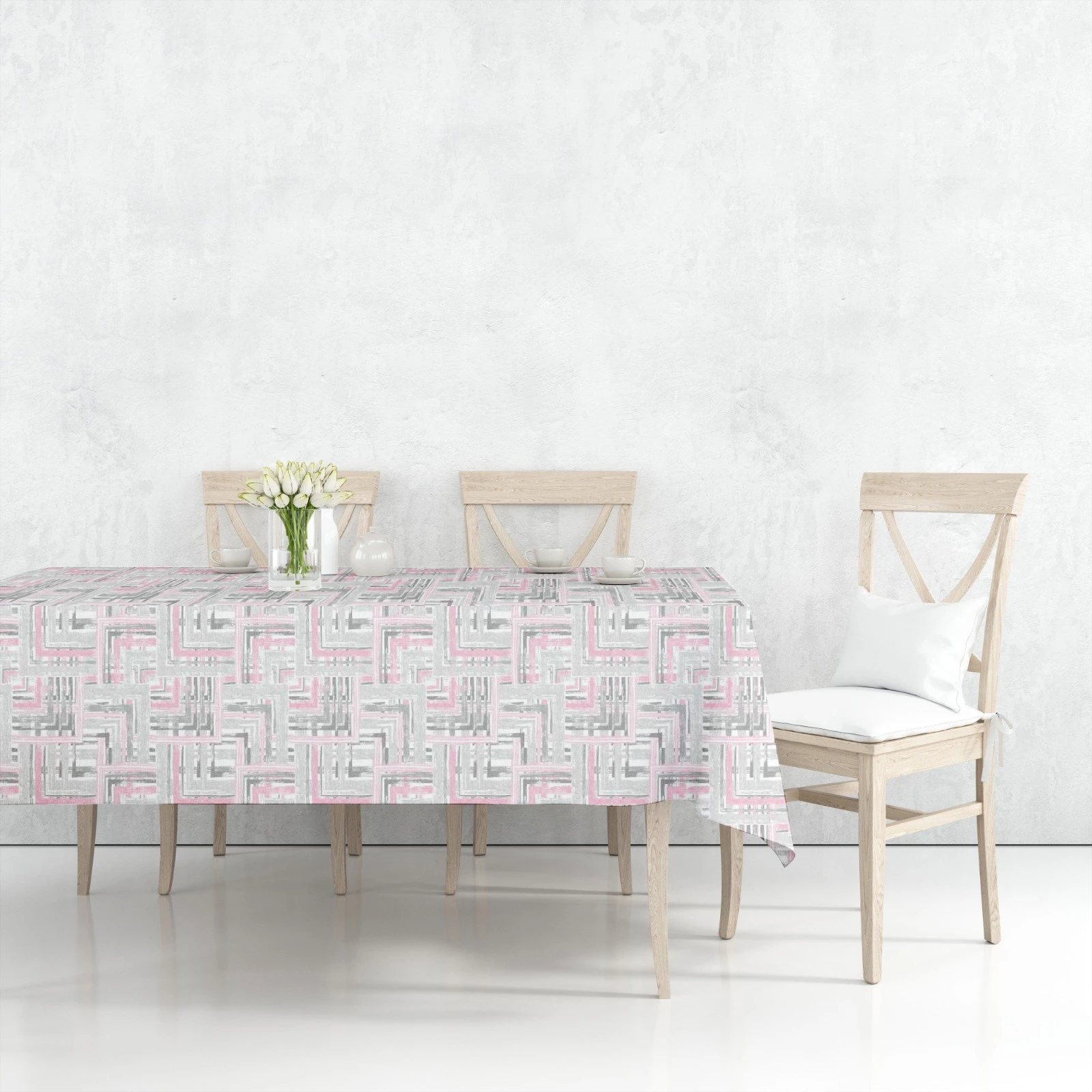 Astarlı Sıvı Geçirmez Silinebilir Muşamba Masa Örtüsü Gri Pembe Labirent