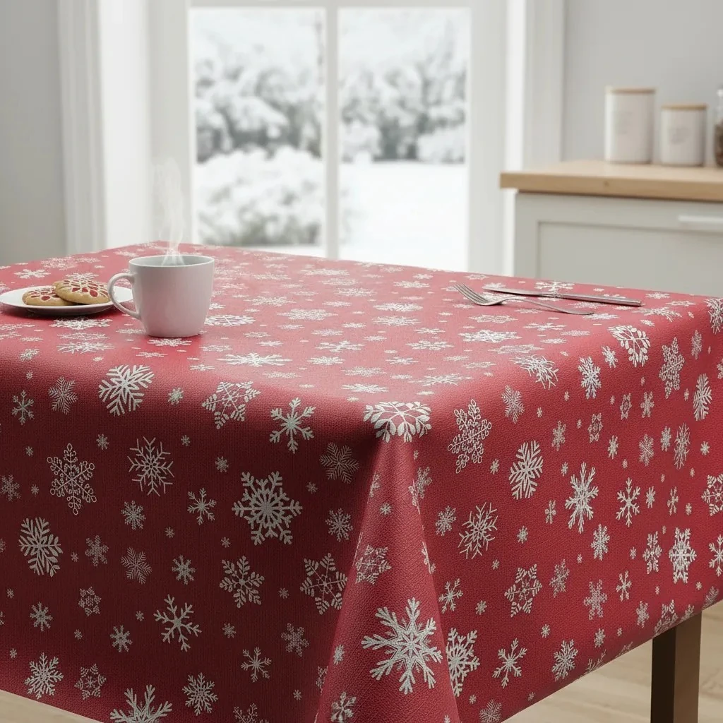 Astarlı Silinebilir Pvc Muşamba Masa Örtüsü Kar Desen -Kırmızı