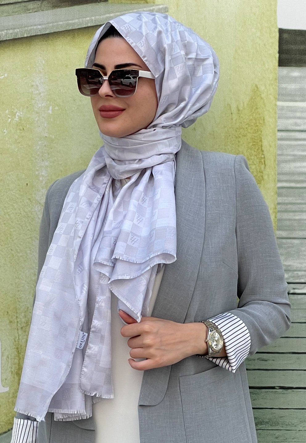 Orkide şal, açık gri, dama desenli