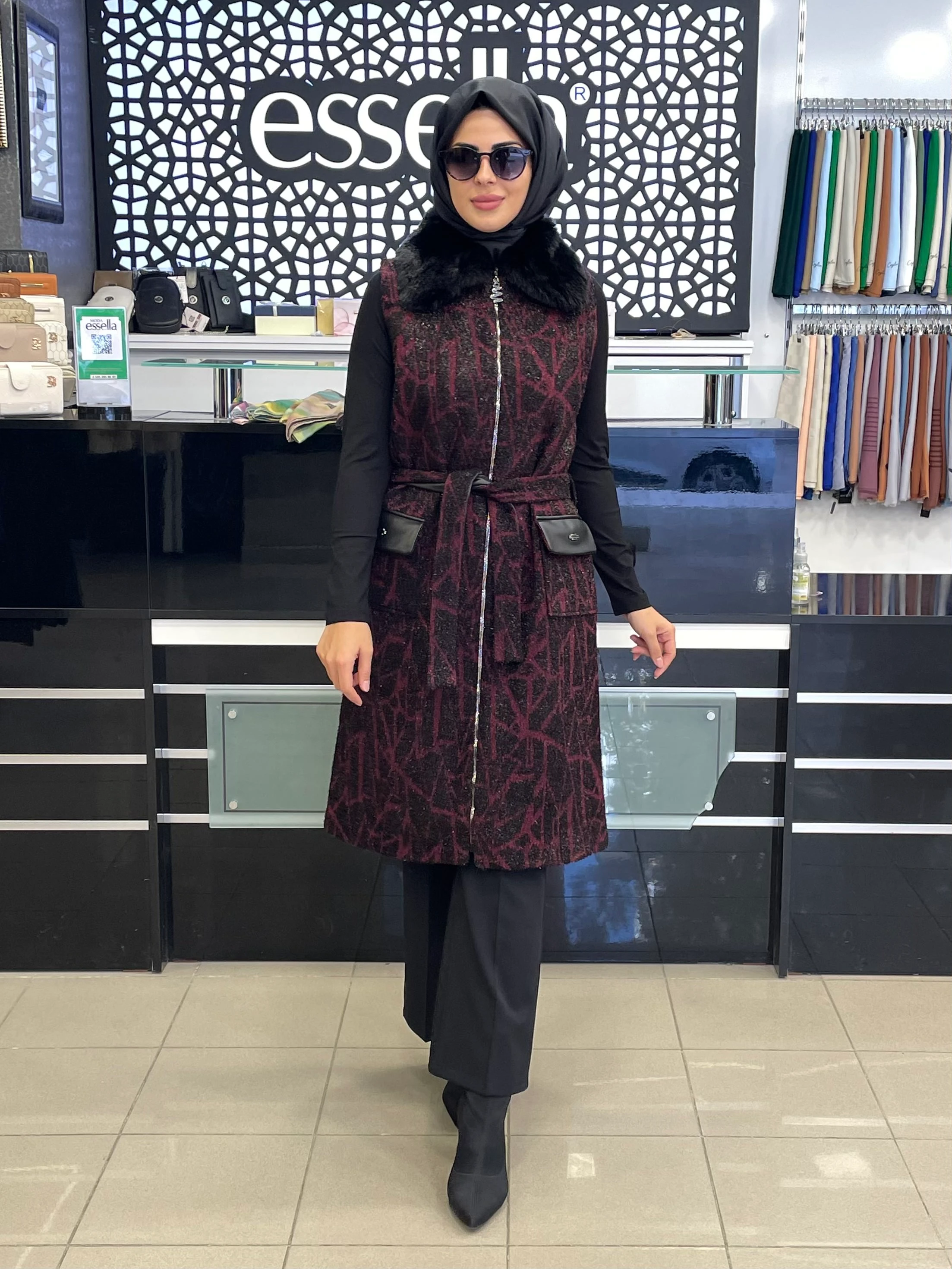 BERELANCE  SİMLİ KÜRKLÜ YELEK  SİYAH/BORDO 