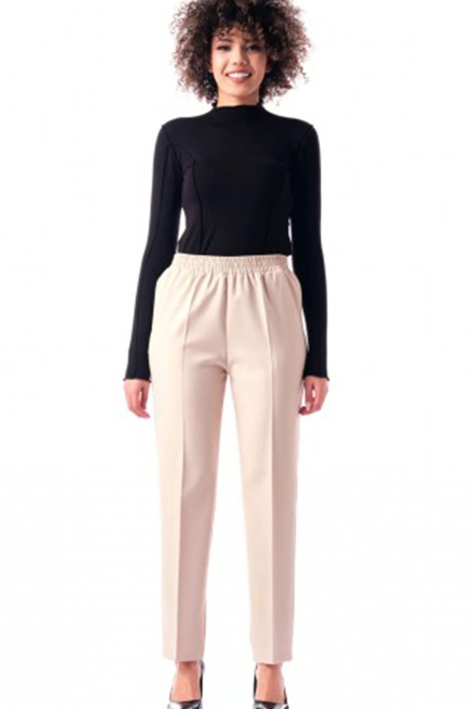 Modiva Beli Tam Lastikli Rahat Kalıp Likralı Duble Kumaş Krem Pantolon