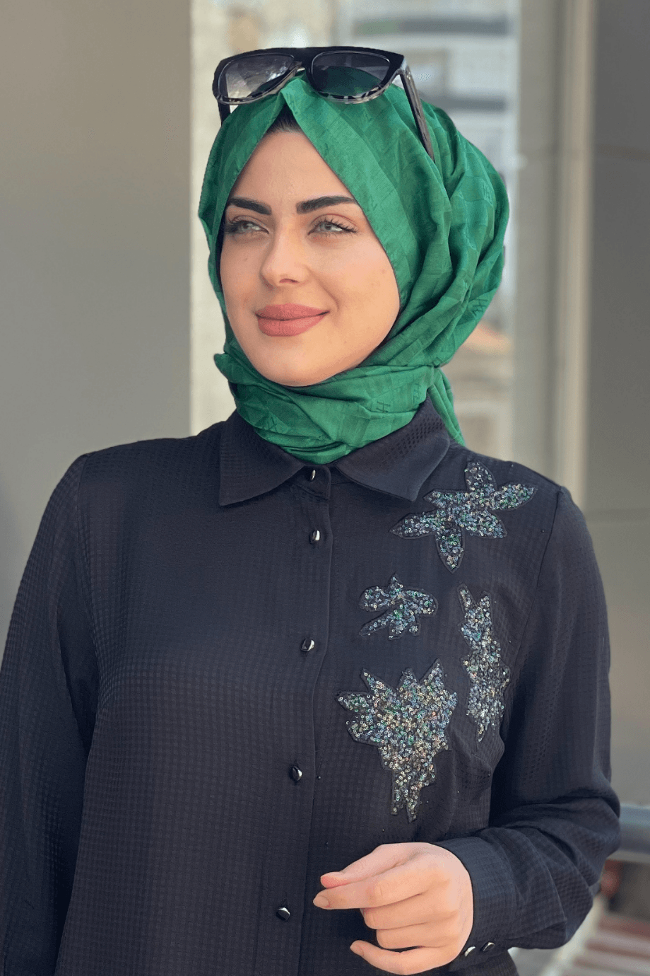 Orkide Damalı Desenli Kenarı Bordürlü Yeşil Şal