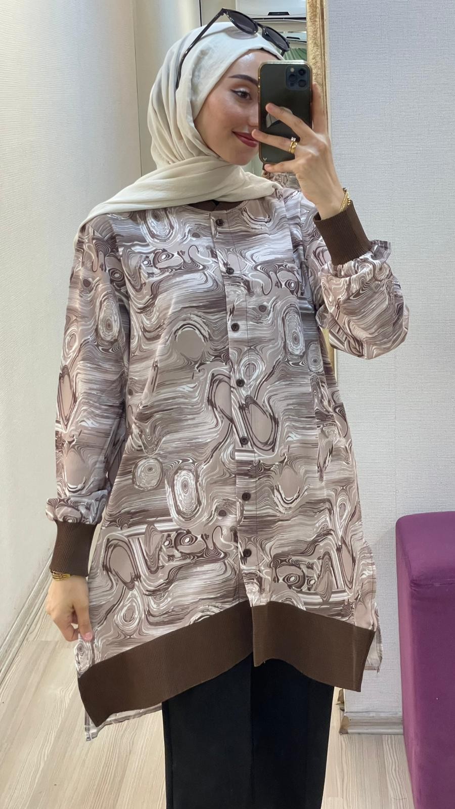 QIMENE DESENLİ TUNİK KAHVERENGİ