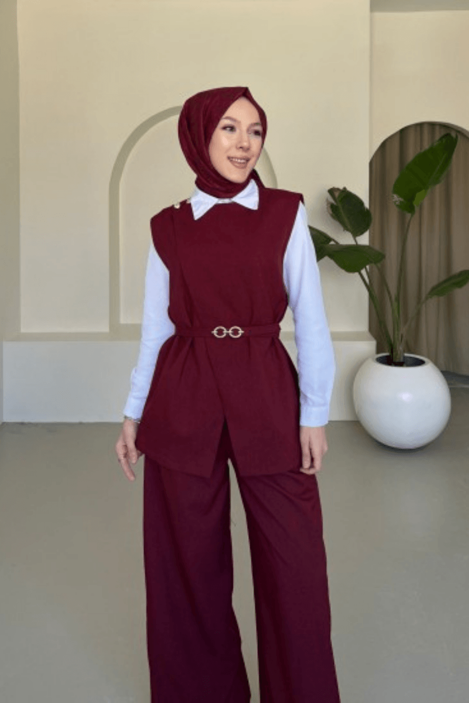 Kemerli Yelekli Astarlı Pantolon Takım Bordo