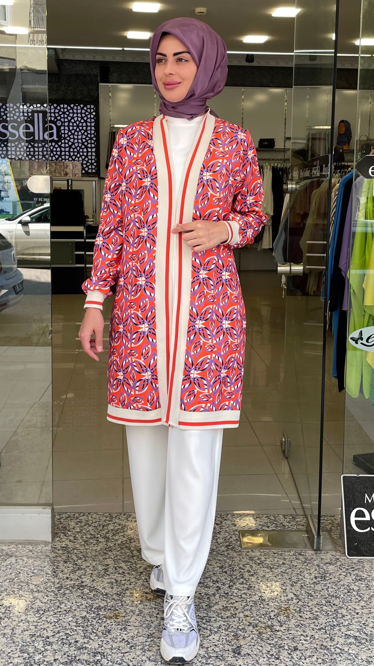 Dijital Baskı Desenli Mor Kırmızı Kimono