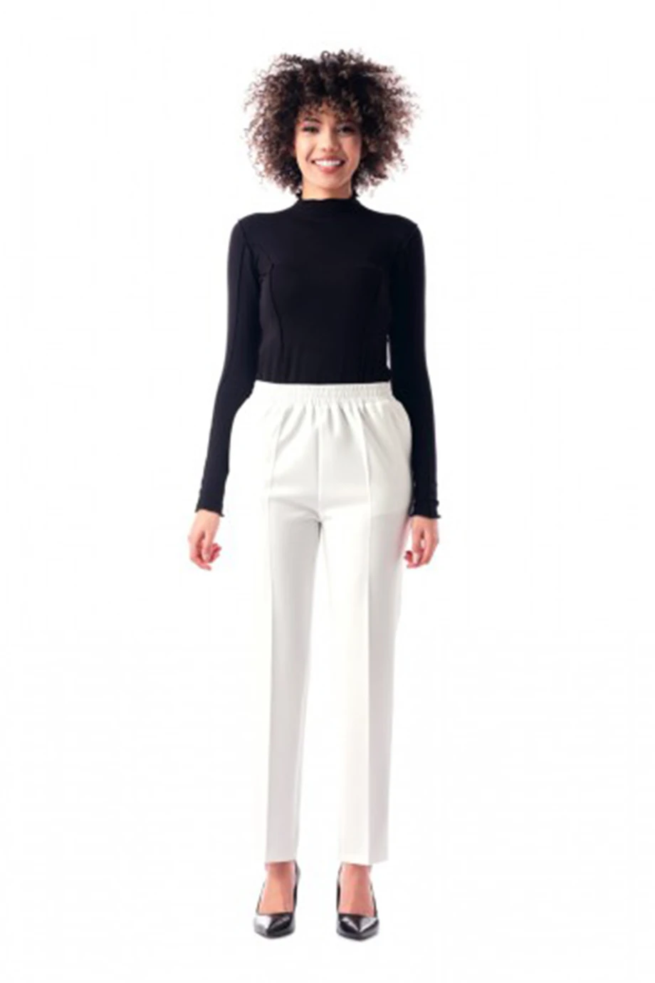 Modiva Beli Tam Lastikli Rahat Kalıp Likralı Duble Kumaş Beyaz Pantolon