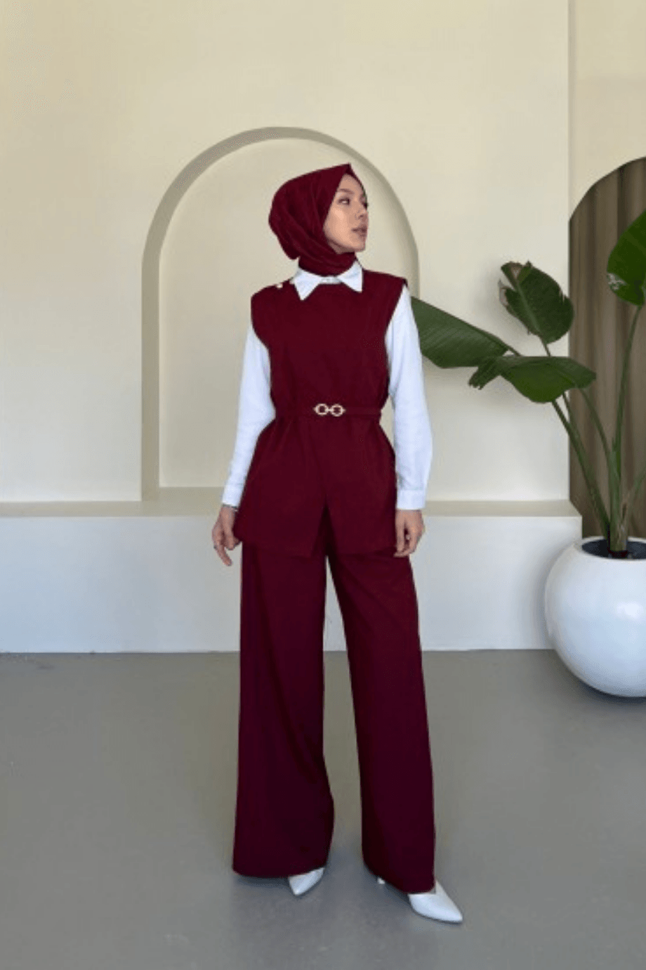 Kemerli Yelekli Astarlı Pantolon Takım Bordo