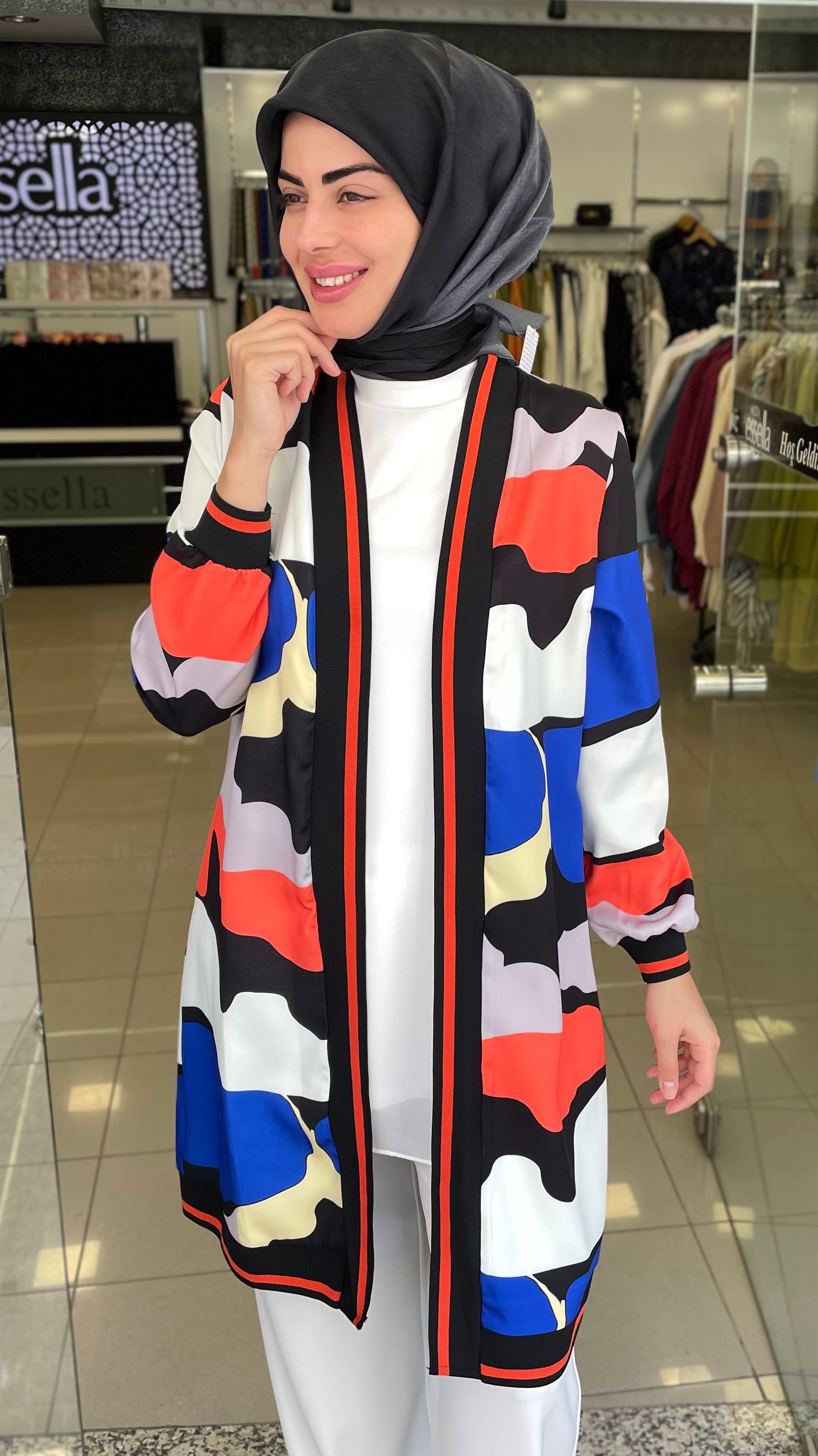 Dijital Baskı Desenli Sax Mavisi Siyah Kimono