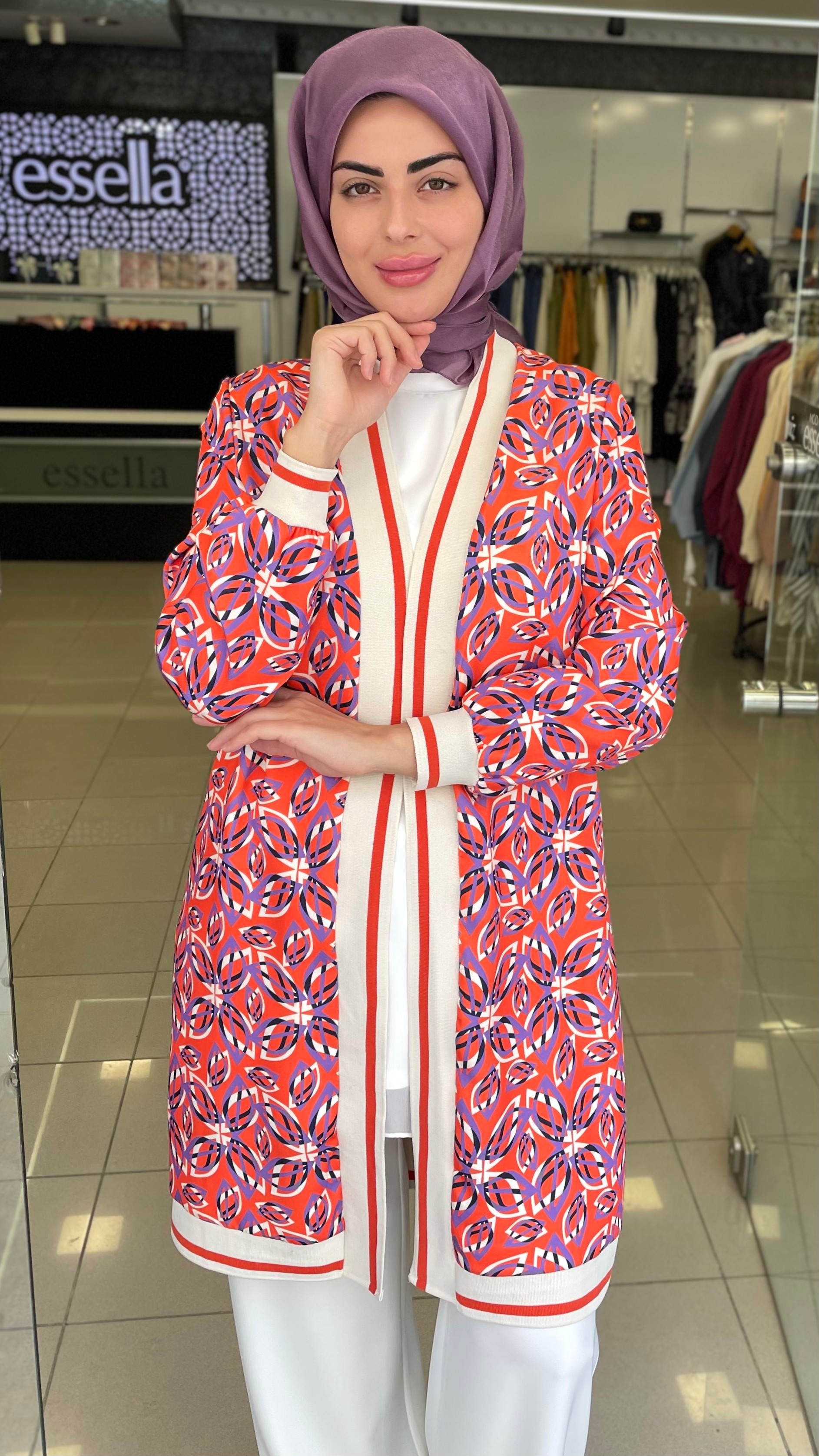 Dijital Baskı Desenli Mor Kırmızı Kimono