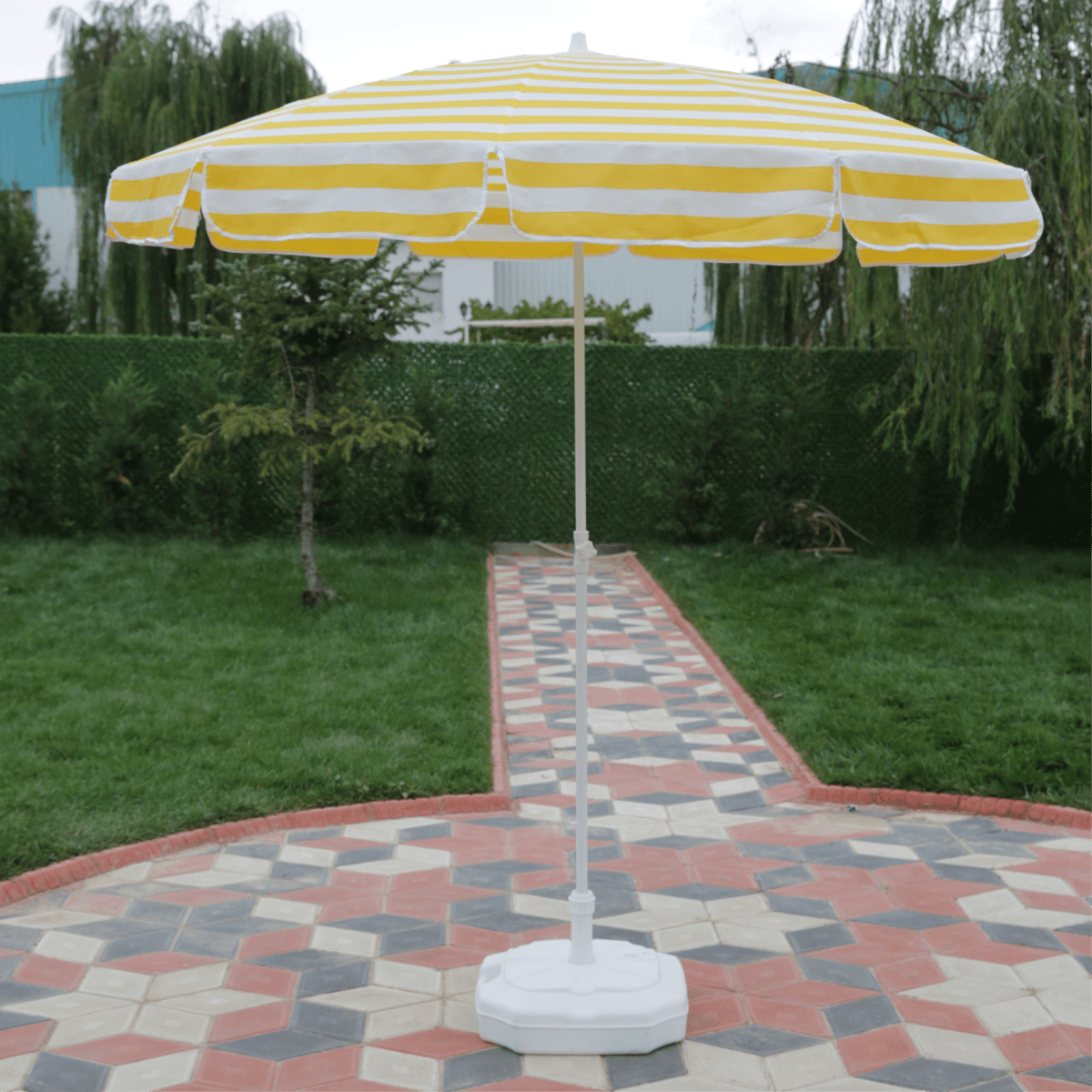 Plaj Şemsiyesi 200/8 Sarı-Beyaz Çizgili + 20 Litre Bidonlu