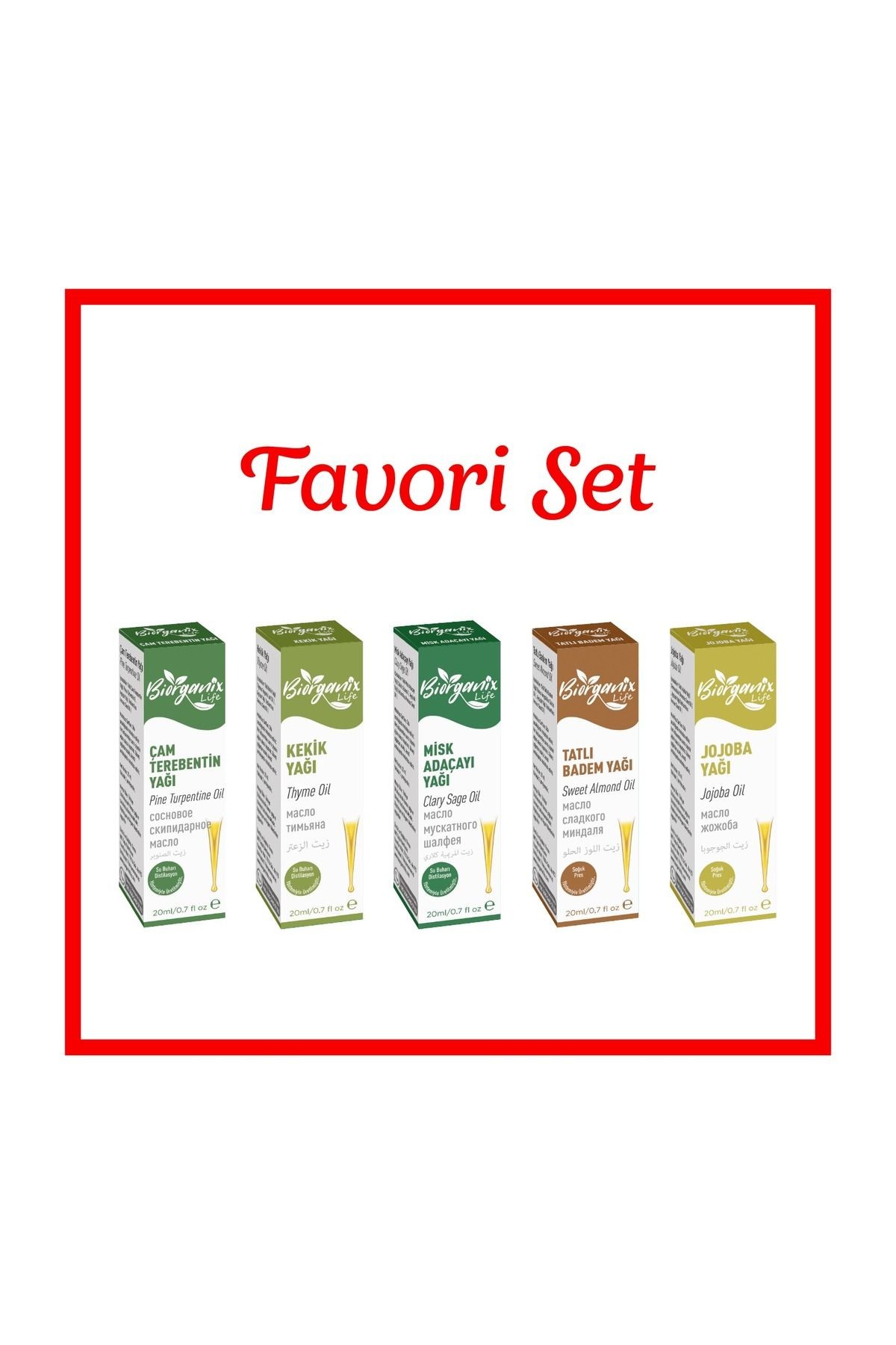 Favori Yağ Seti (Çam Terebentin,Kekik,Misk Adaçayı,Tatlı Badem,Jojoba) 20 ML 5'li Set Damlalıklı