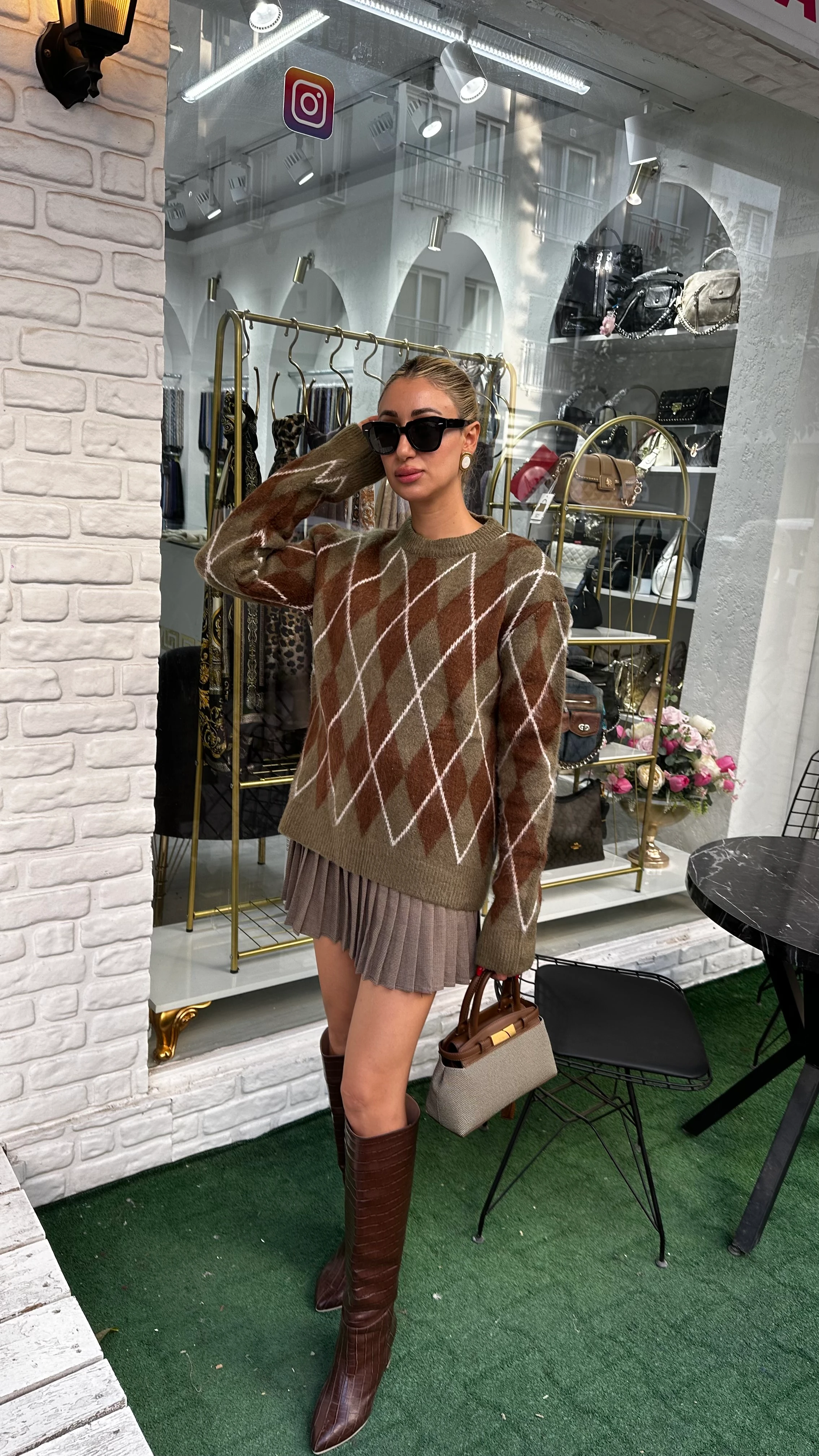 Haki Haley Baklava Desenli Kazak 