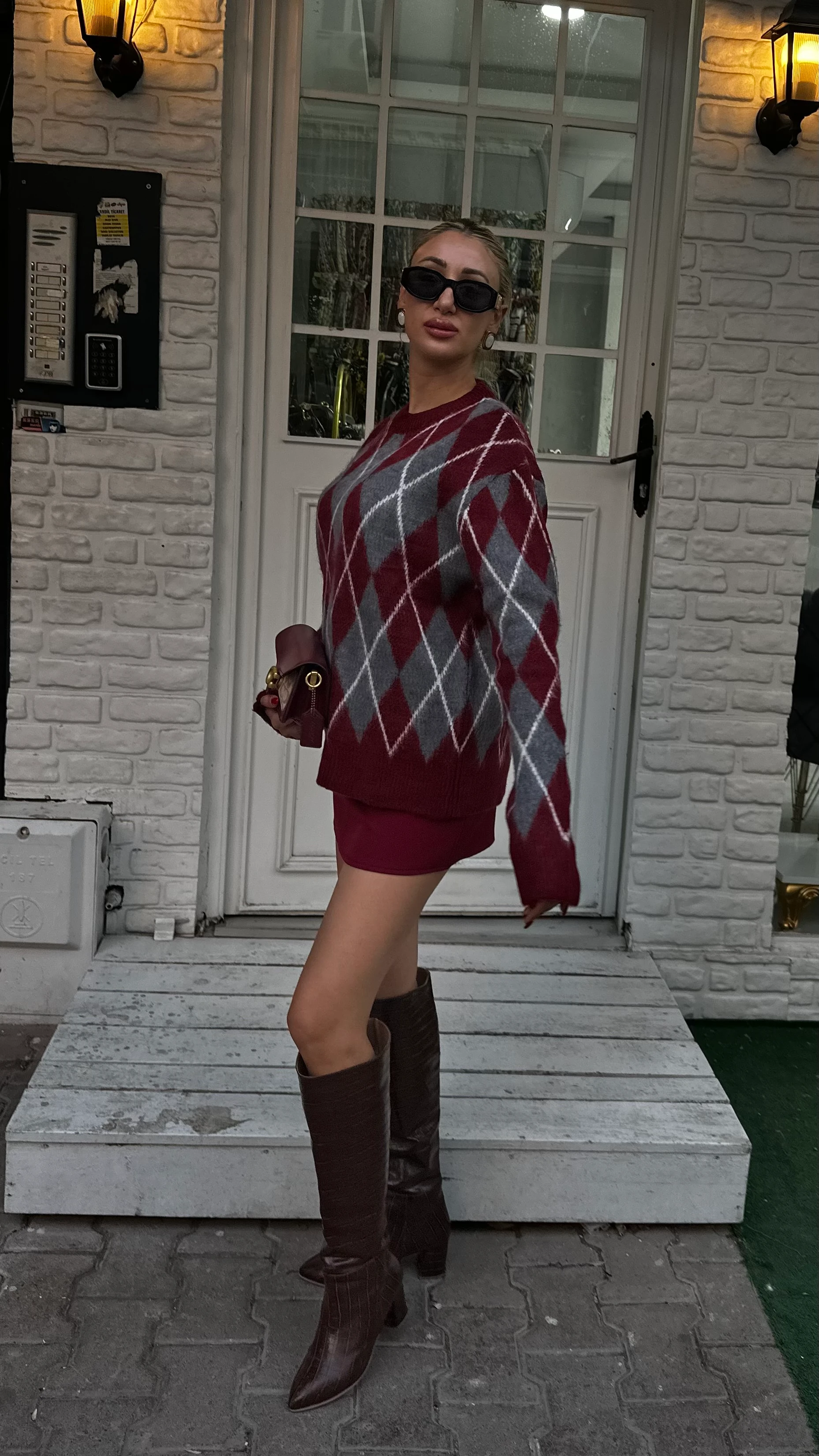 Bordo Gri Haley Baklava Desenli Kazak 