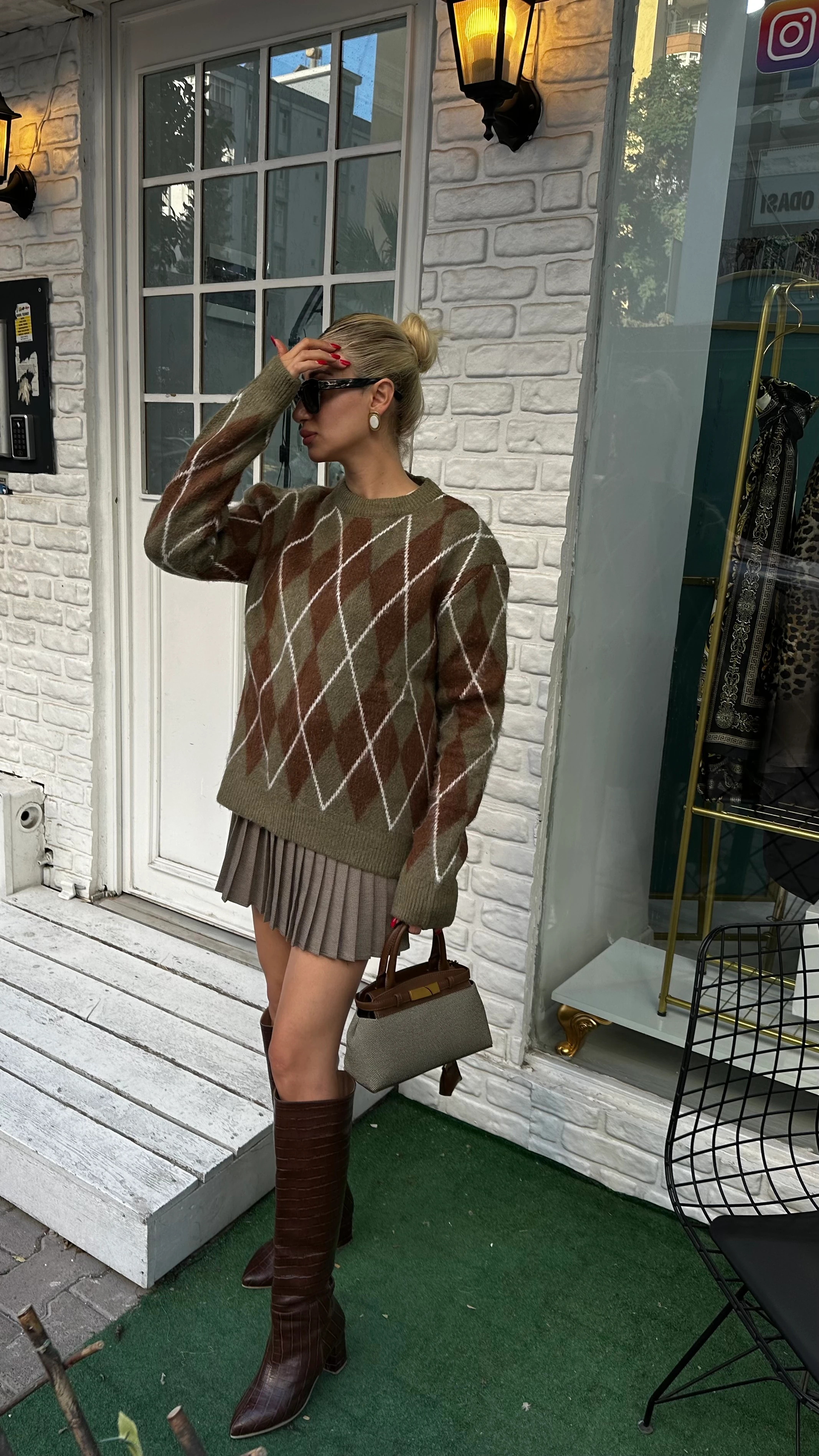 Haki Haley Baklava Desenli Kazak 