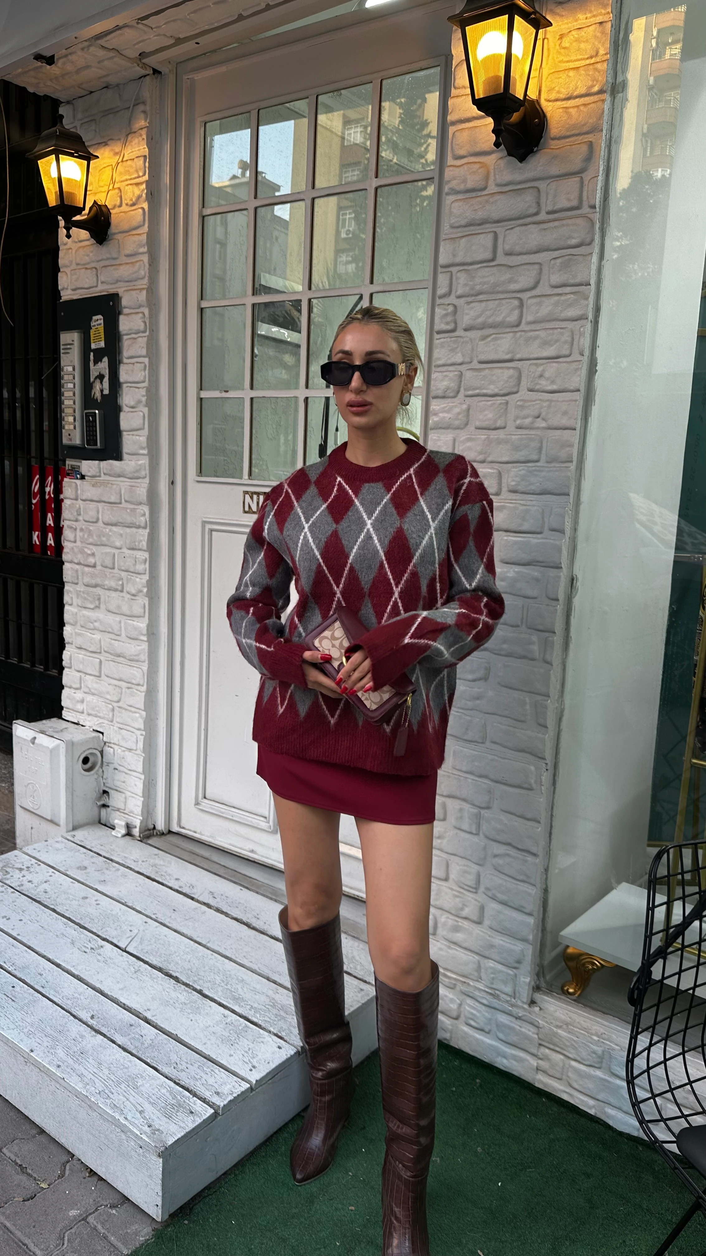 Bordo Gri Haley Baklava Desenli Kazak 