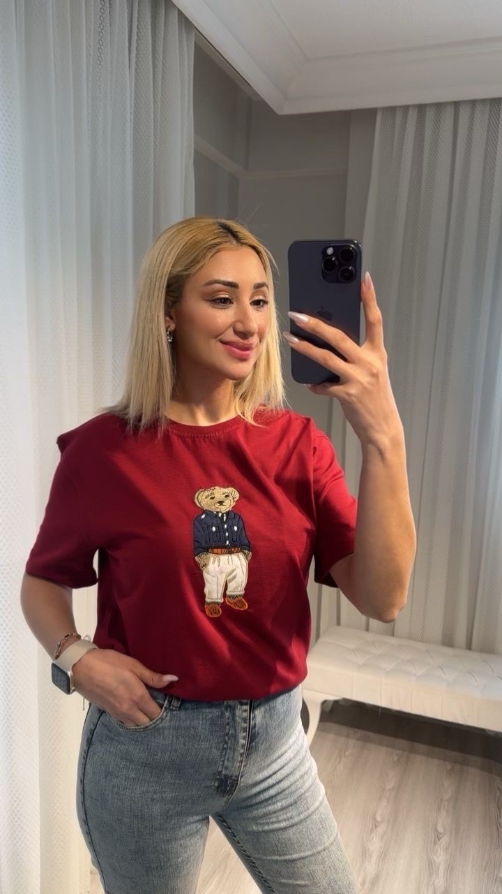 Bordo Tedy Bear Nakışlı T-shirt 