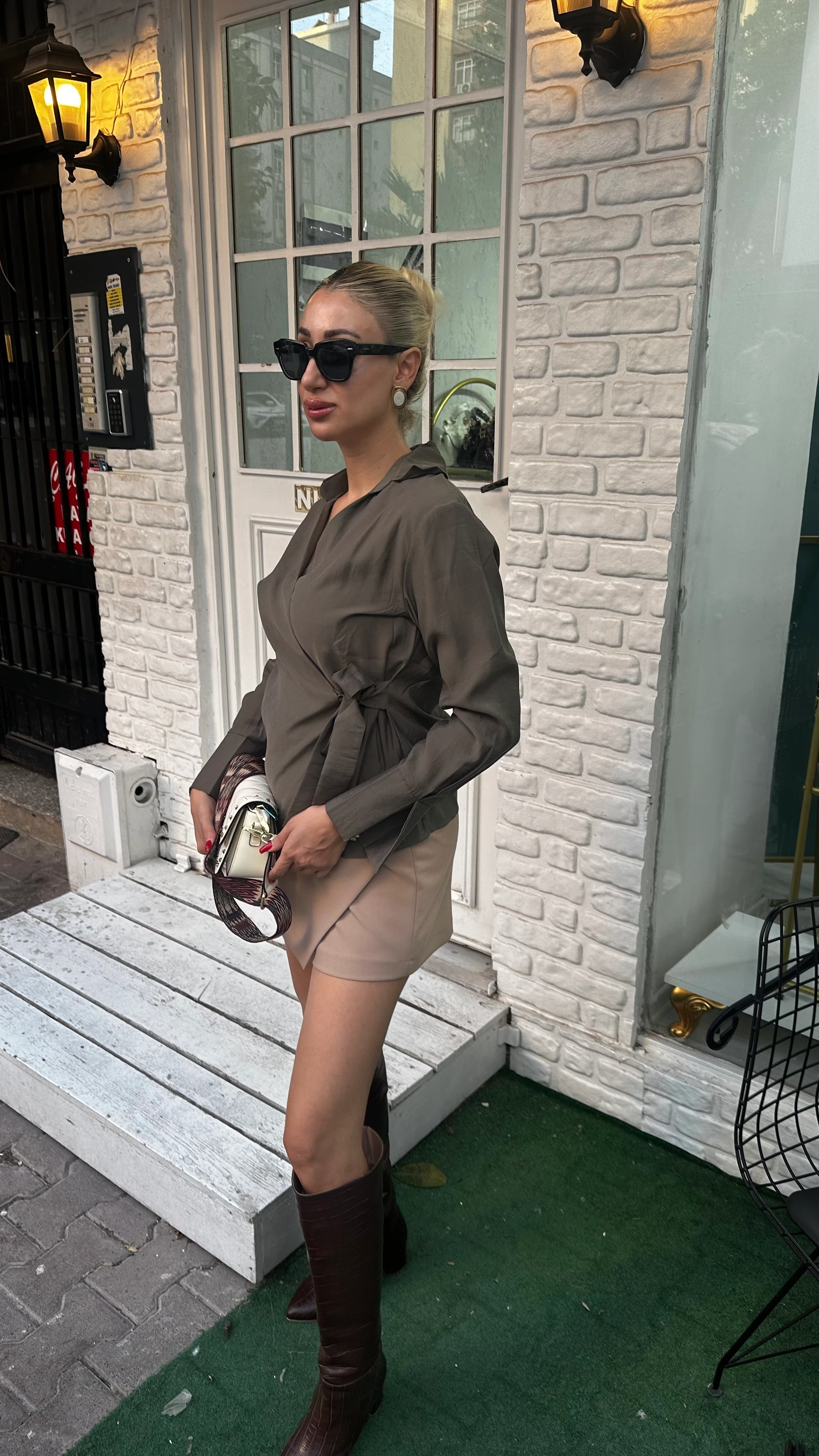 Haki Kruvaze Bağlamalı Gömlek 