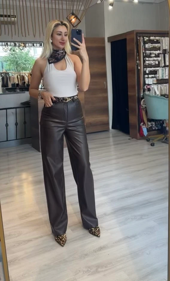 Acı Kahve Deri Palazzo Pantolon