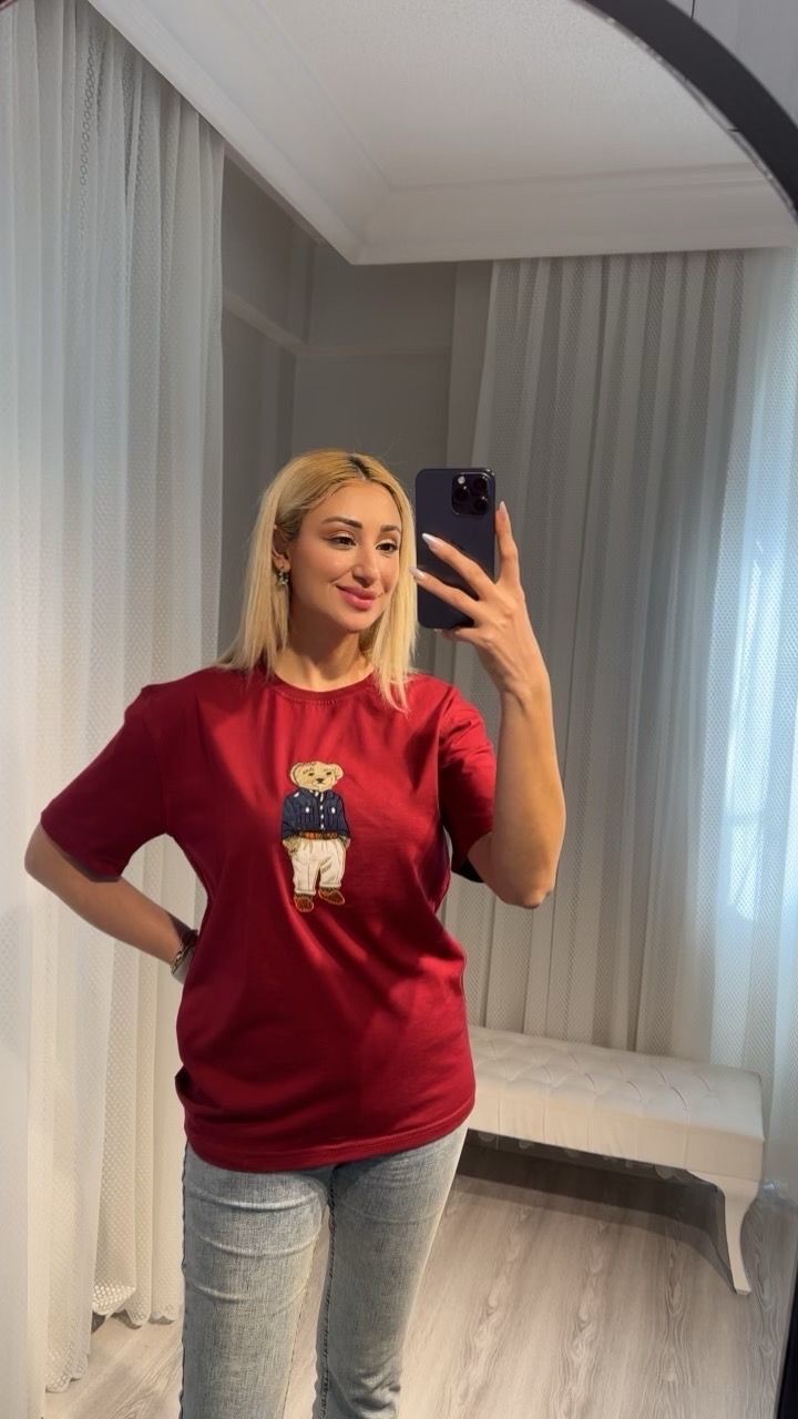 Bordo Tedy Bear Nakışlı T-shirt 