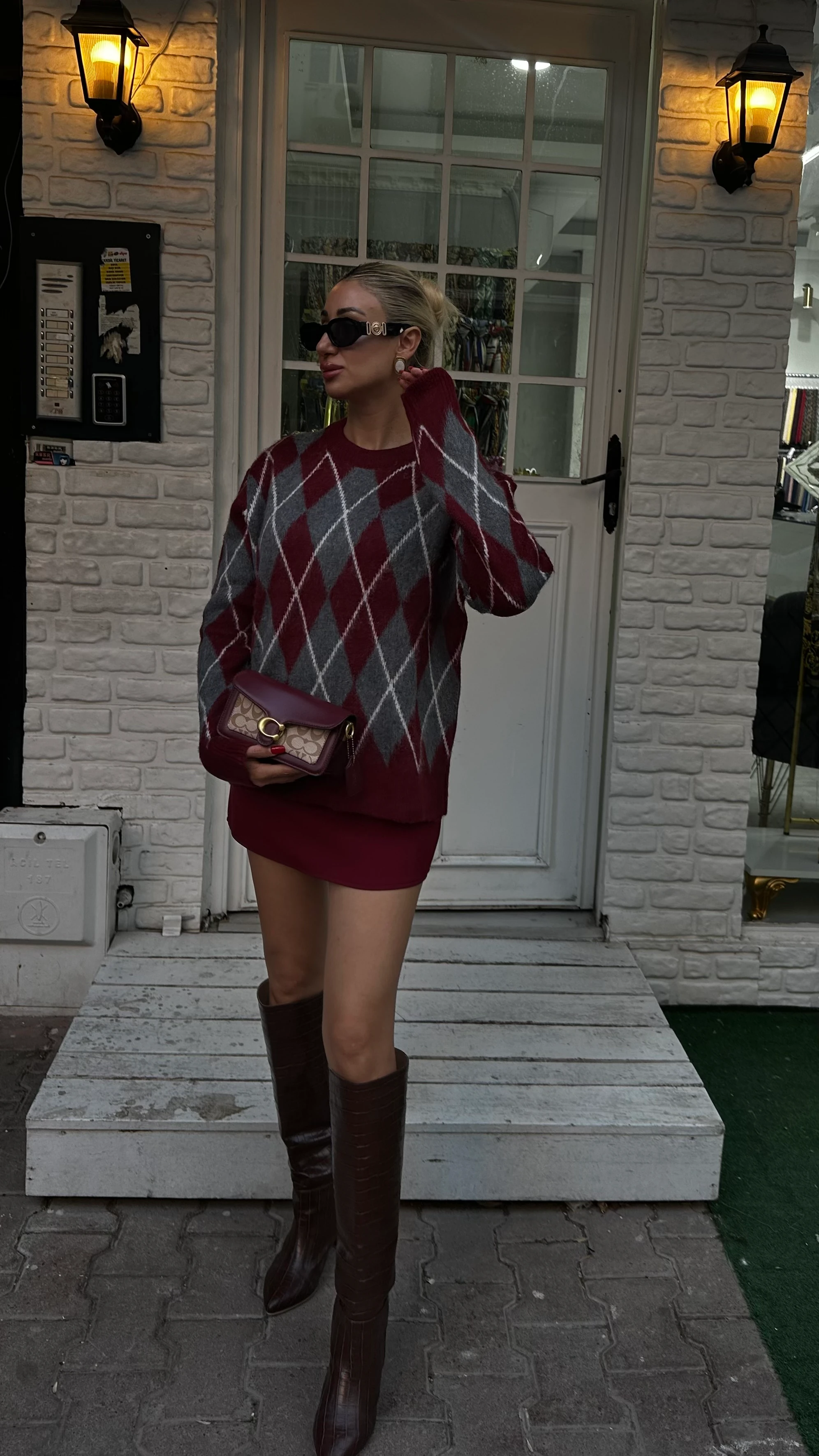 Bordo Gri Haley Baklava Desenli Kazak 