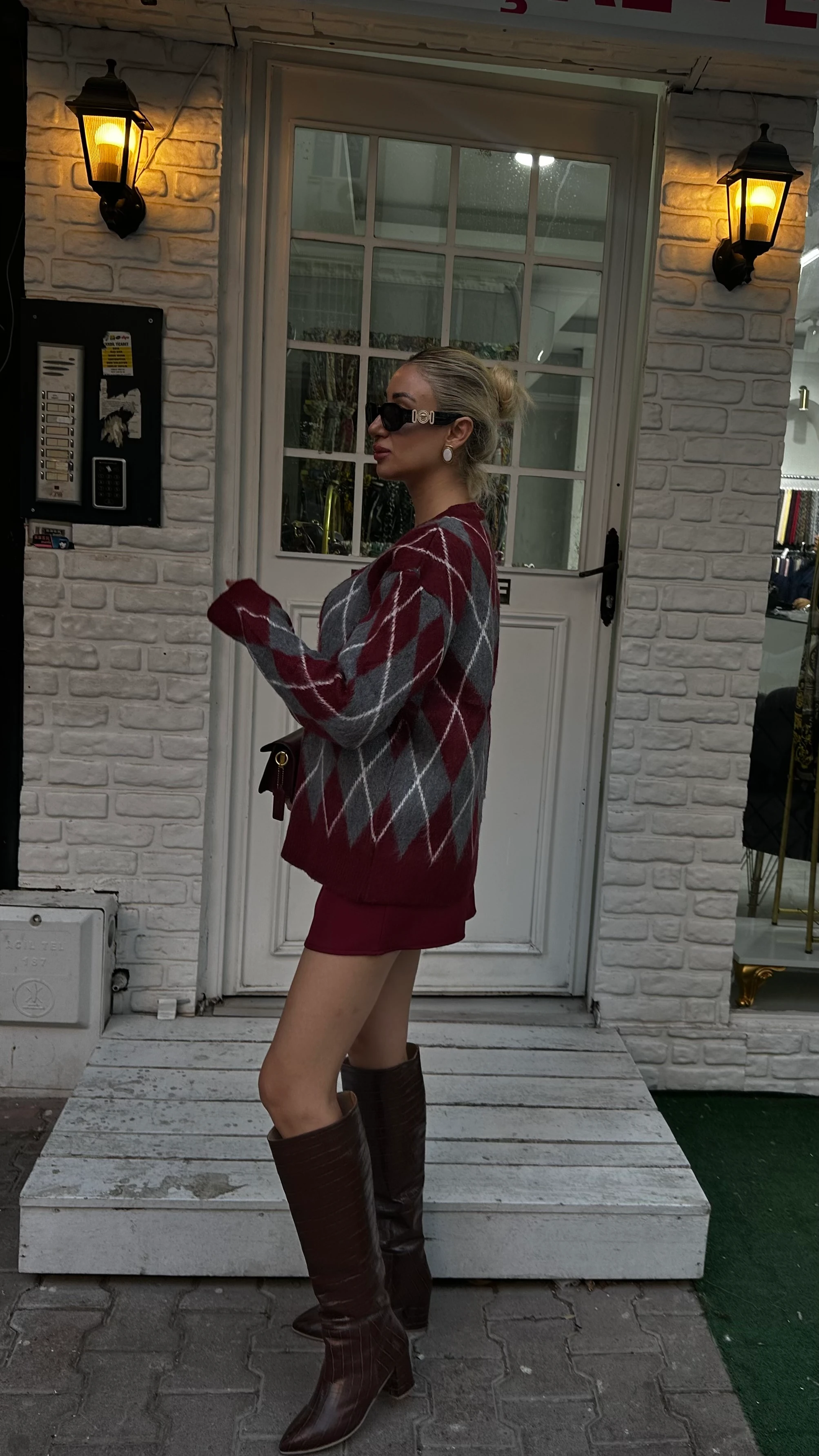 Bordo Gri Haley Baklava Desenli Kazak 