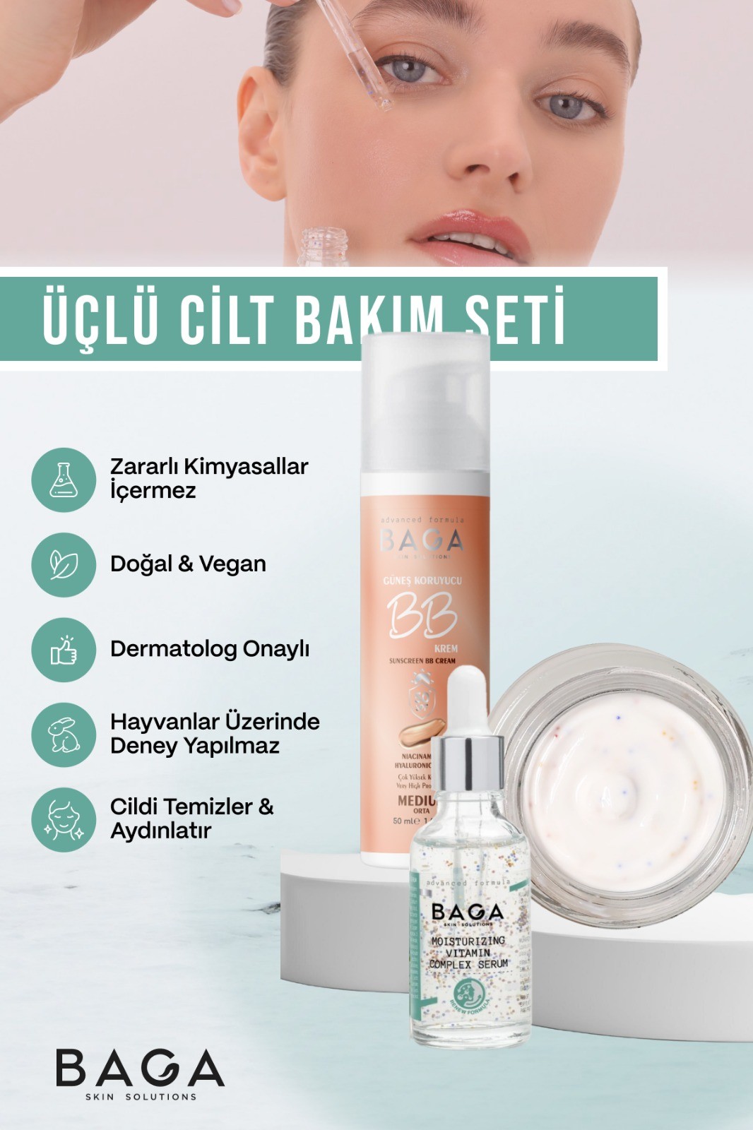 Baga BB Krem Medium & Vitamin Kompleks Krem & Vitamin Kompleks Serum Üçlü Cilt Bakım Seti