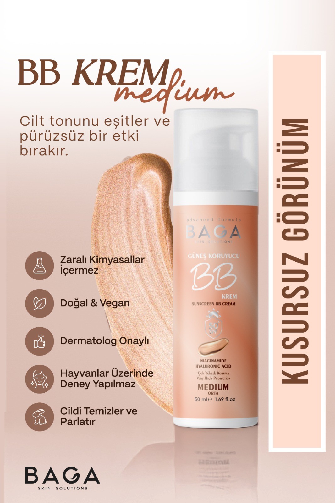 Baga 50+Spf BB Krem Medium Leke oluşumunu Önlemeye Yardımcı Olur, Aydınlık ve Canlılık Sağlar