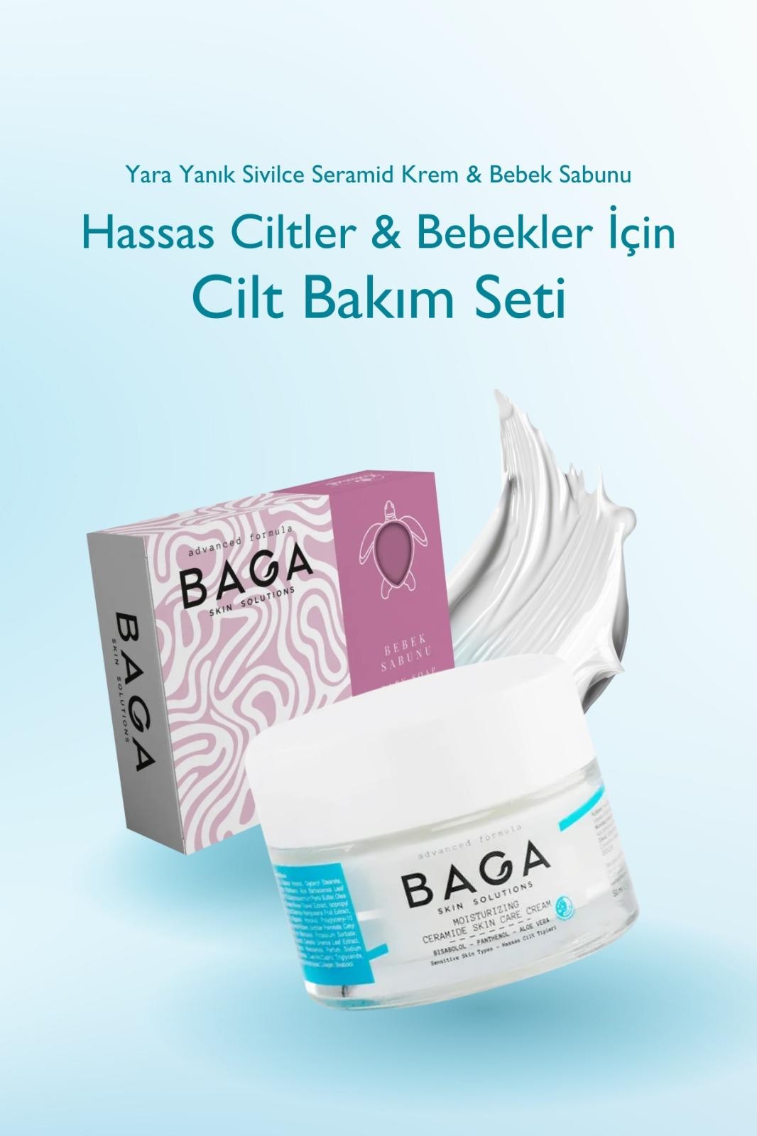 Baga Hassas Ciltler Ve Bebekler İçin Cilt Bakım Seti Yara Yanık Sivilce Seramid Krem & Bebek Sabunu