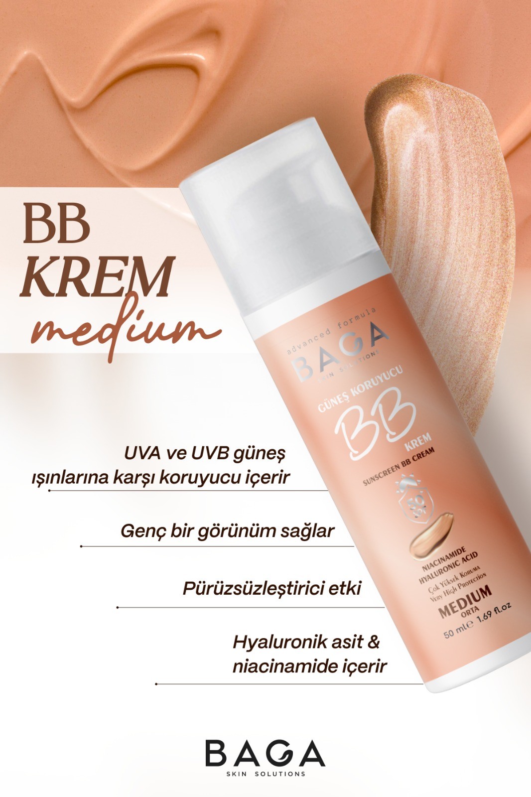 Baga 50+Spf BB Krem Medium Leke oluşumunu Önlemeye Yardımcı Olur, Aydınlık ve Canlılık Sağlar