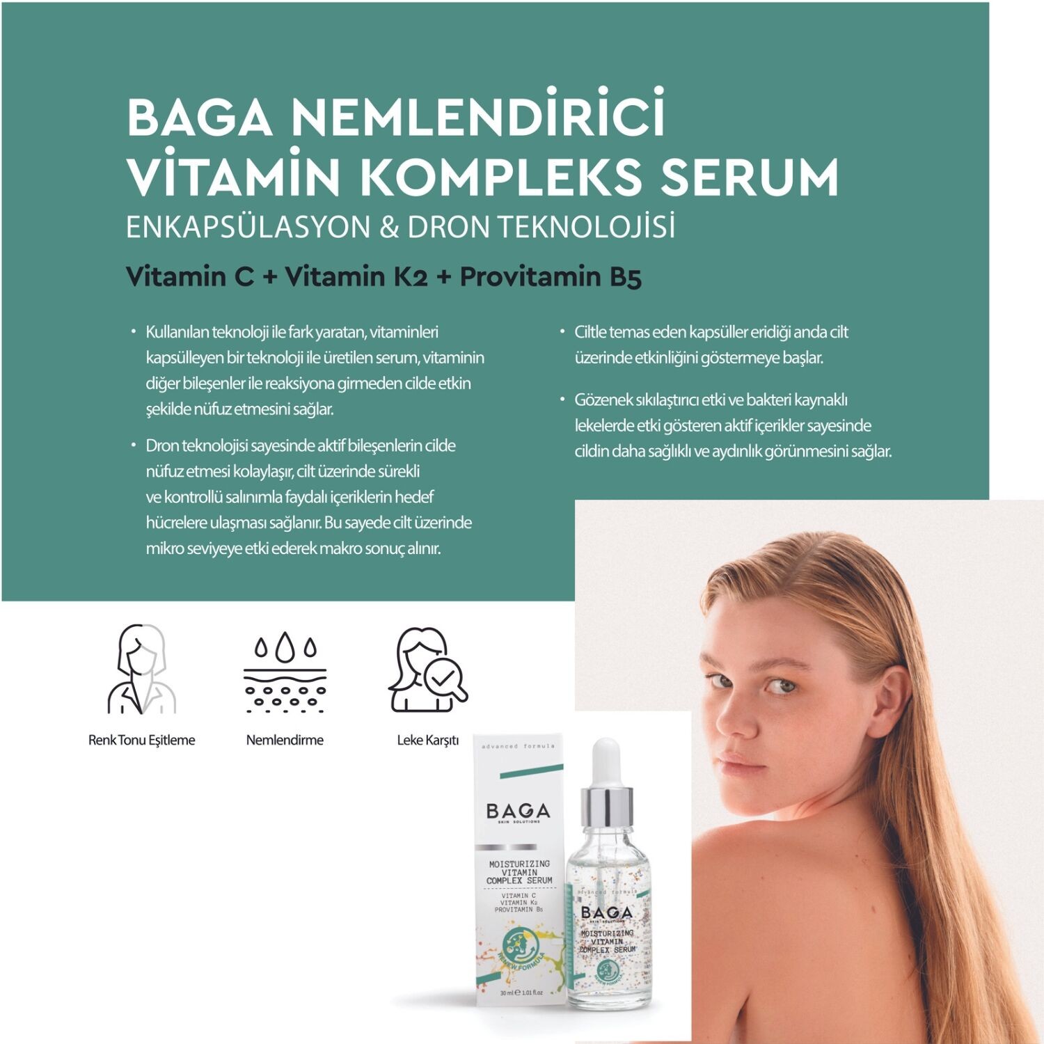 Nemlendirici Vitamin Kompleks Serum (Vitamin C + Vitamin K2 + Provitamin B5)