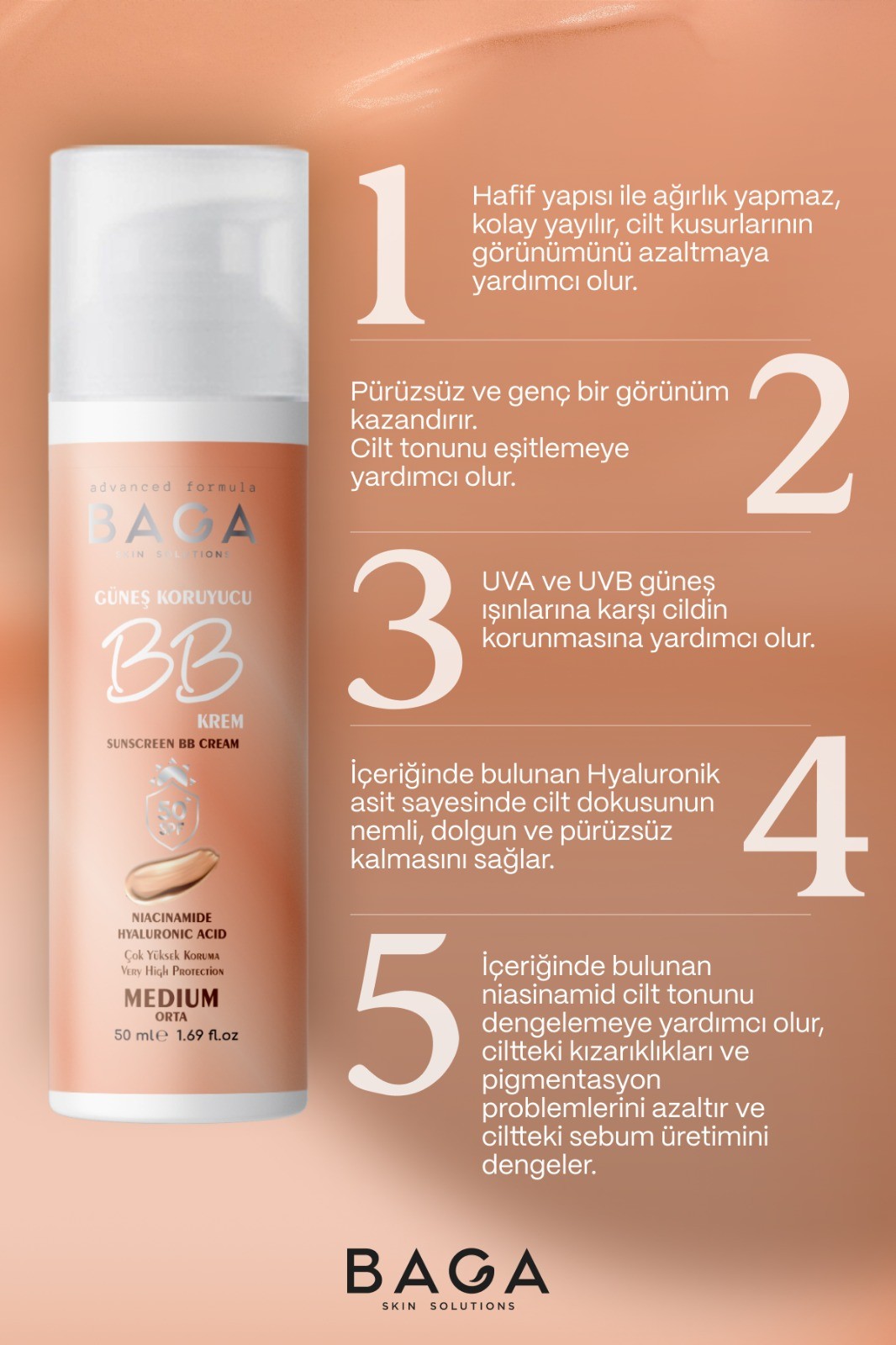 Baga 50+Spf BB Krem Medium Leke oluşumunu Önlemeye Yardımcı Olur, Aydınlık ve Canlılık Sağlar
