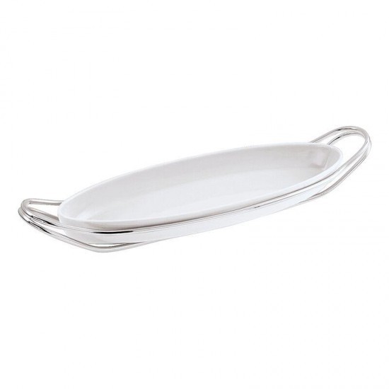 SAMBONET NEW LİVİNG 48*17 CM PASLANMAZ ÇELİK KULPLU OVAL PORSELEN BALIK SERVİS TABAĞI cover pic