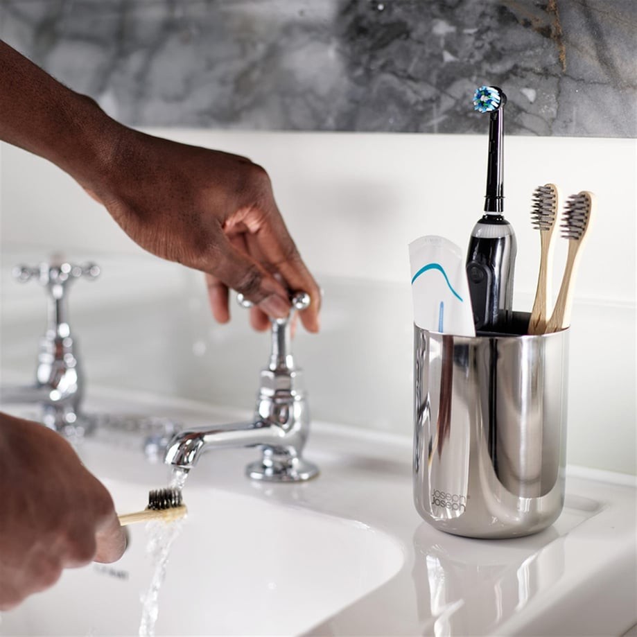 Joseph Joseph EasyStore - Lüks Paslanmaz Çelik Diş Fırçası Tutucu Caddy Banyo Depolama, Standart Çelik 0 image