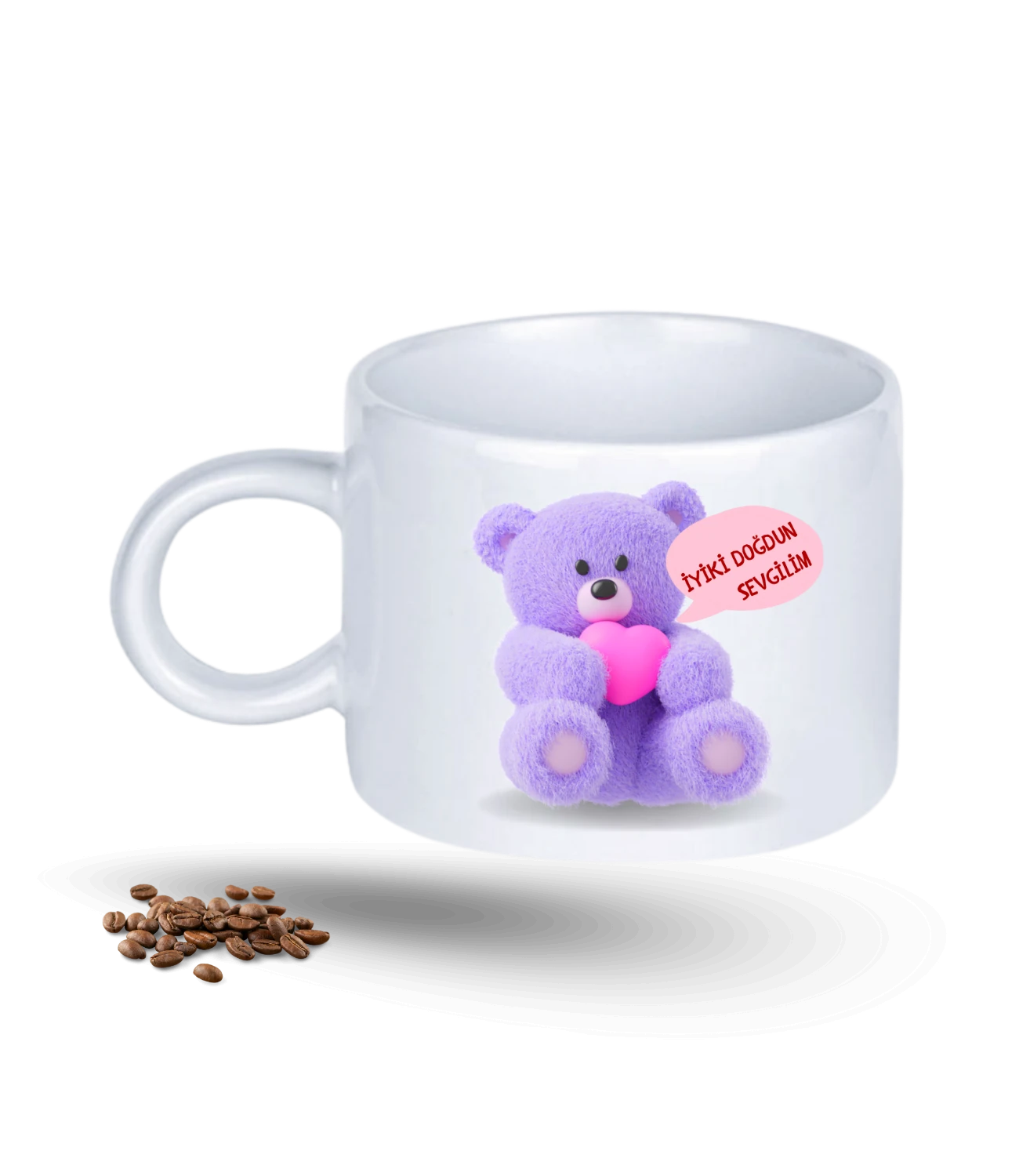 Aşk Temalı Mor Ayıcık Kalp Baskılı Porselen Motto Kupa Bardak