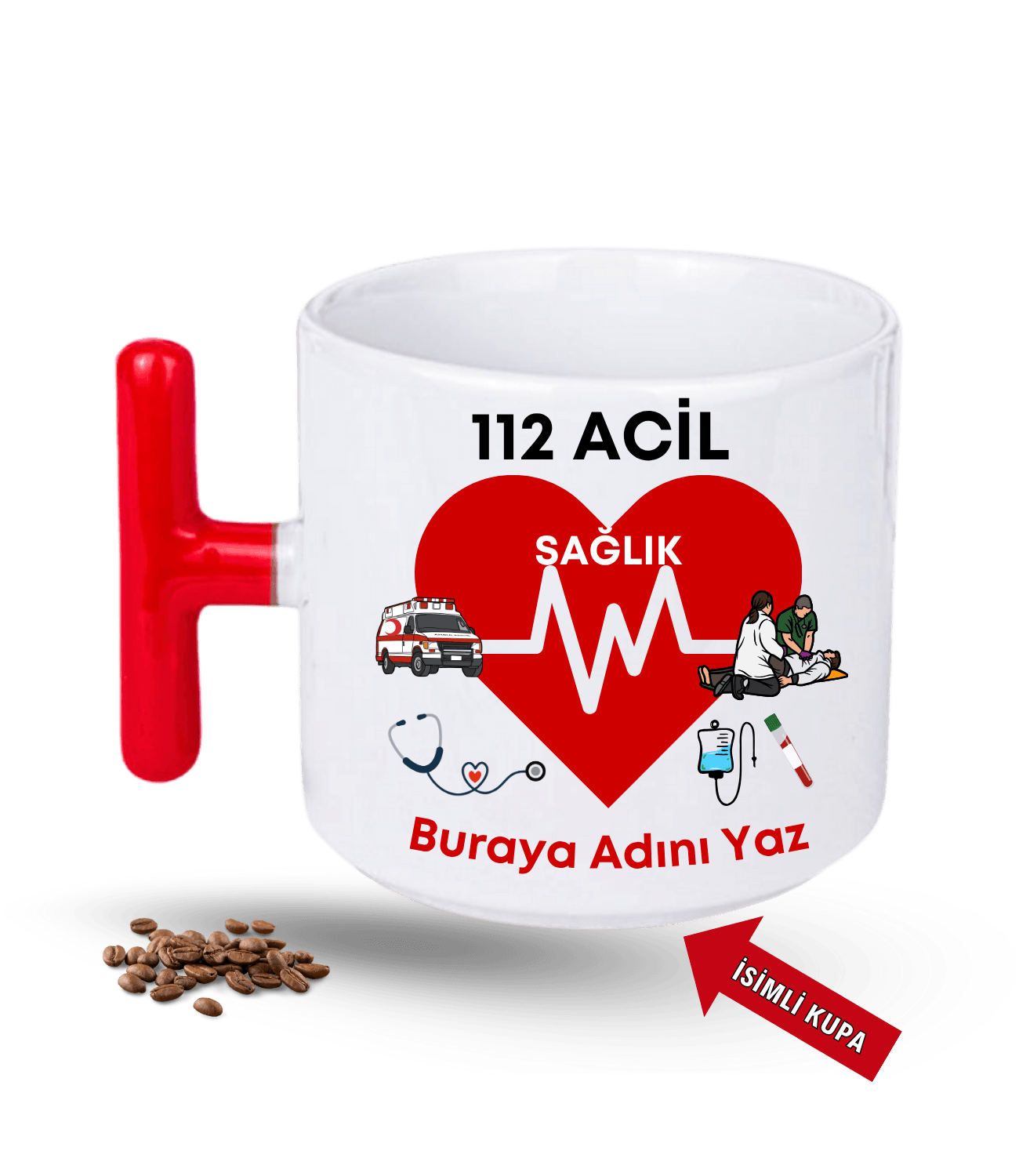 112 Acil Sağlık Temalı İsimli Kupa Baskılı T Saplı Porselen Kupa Bardak