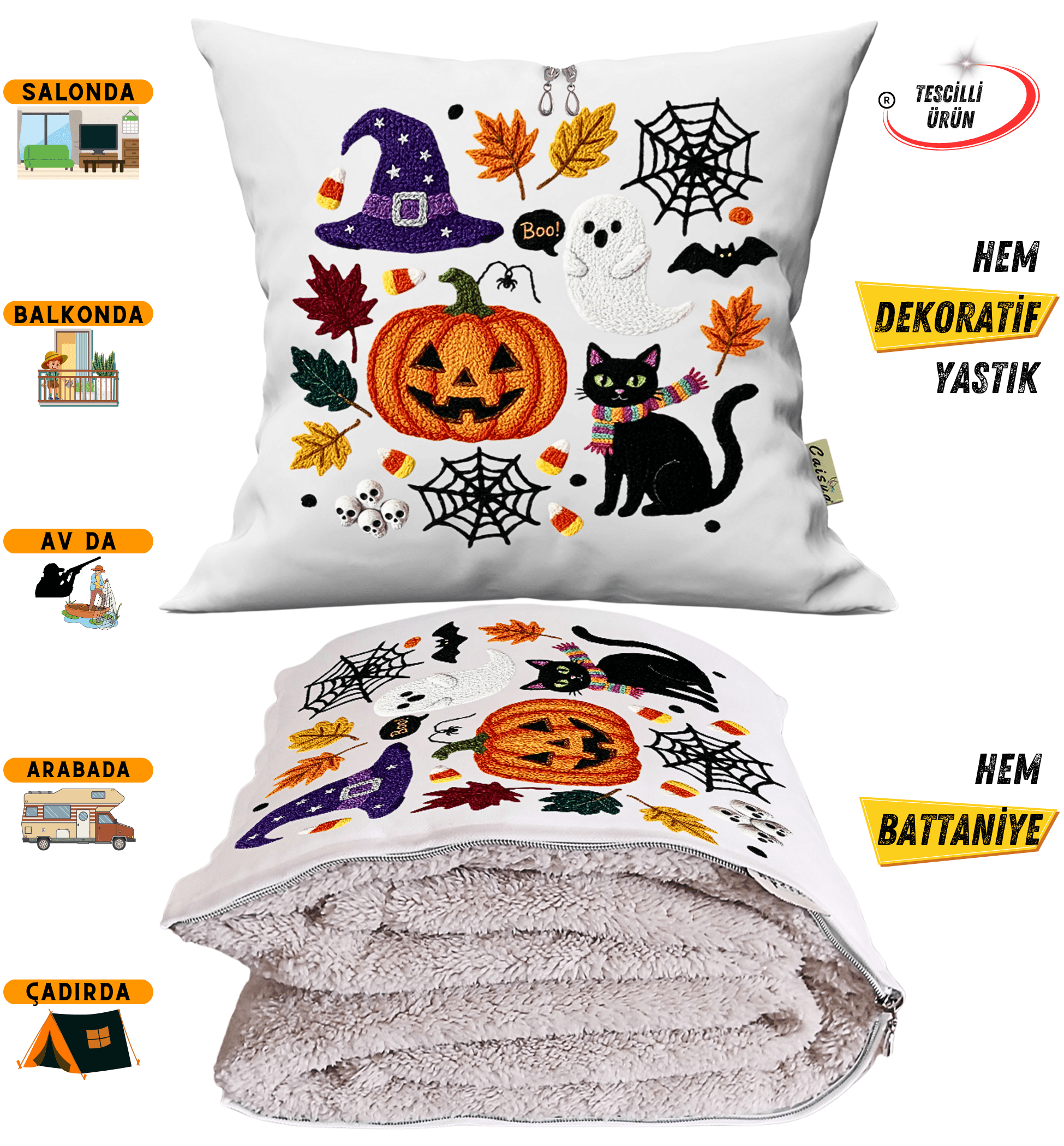 Cadılar Bayramı Temalı Nakışlı Efekt Baskılı Tv Battaniyesi Olabilen Dekoratif Yastık Battaniye