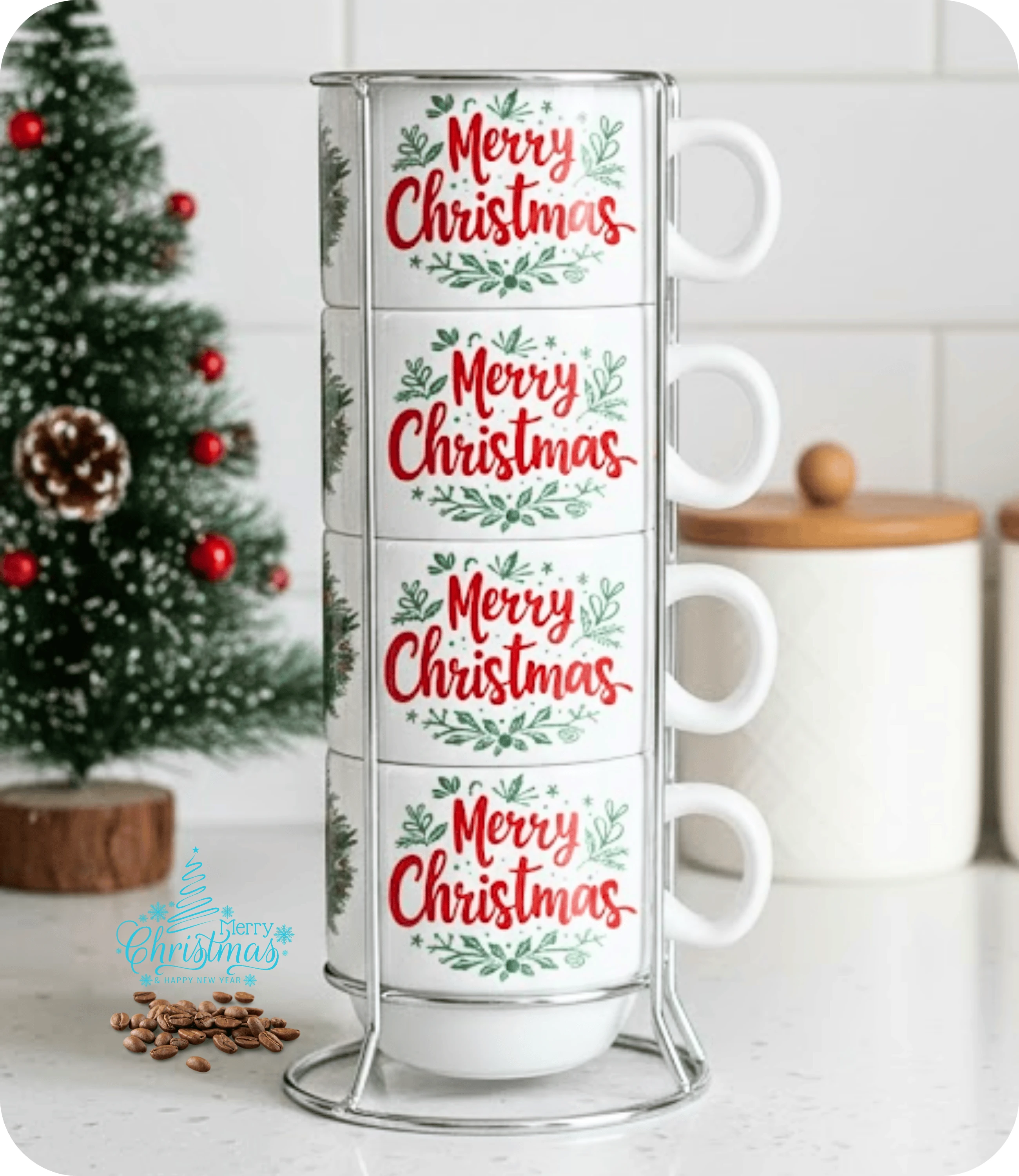 Yılbaşı Temalı Christmas Baskılı 4lü Standlı Hediyelik Porselen Çay Kahve Fincan Seti