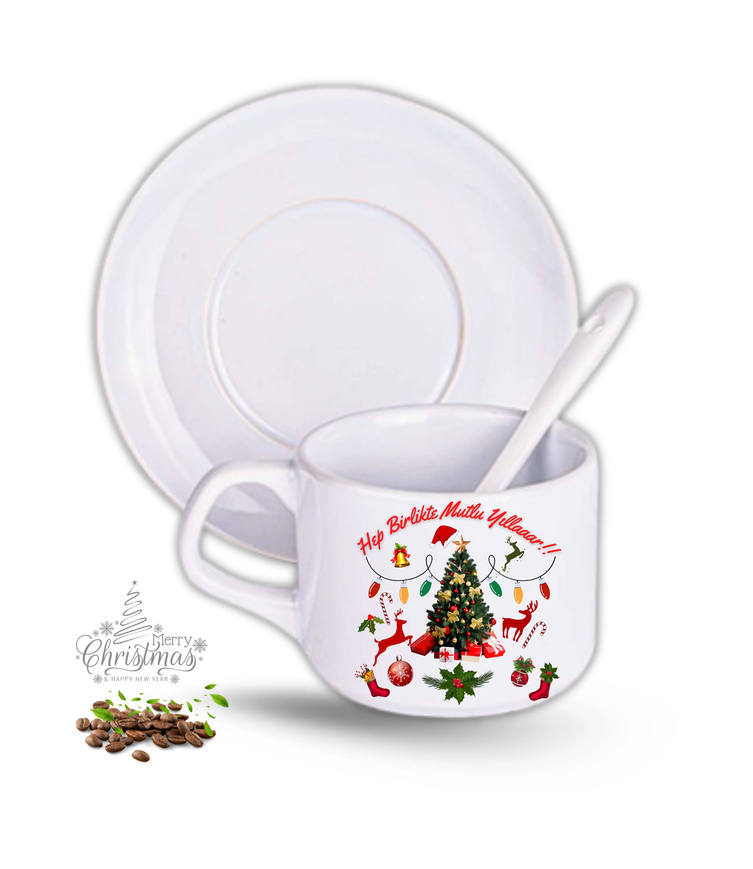 Yılbaşı Hediyesi Mutlu Yıllar Baskılı 2li Set Porselen Çay Kahve Fincan Seti