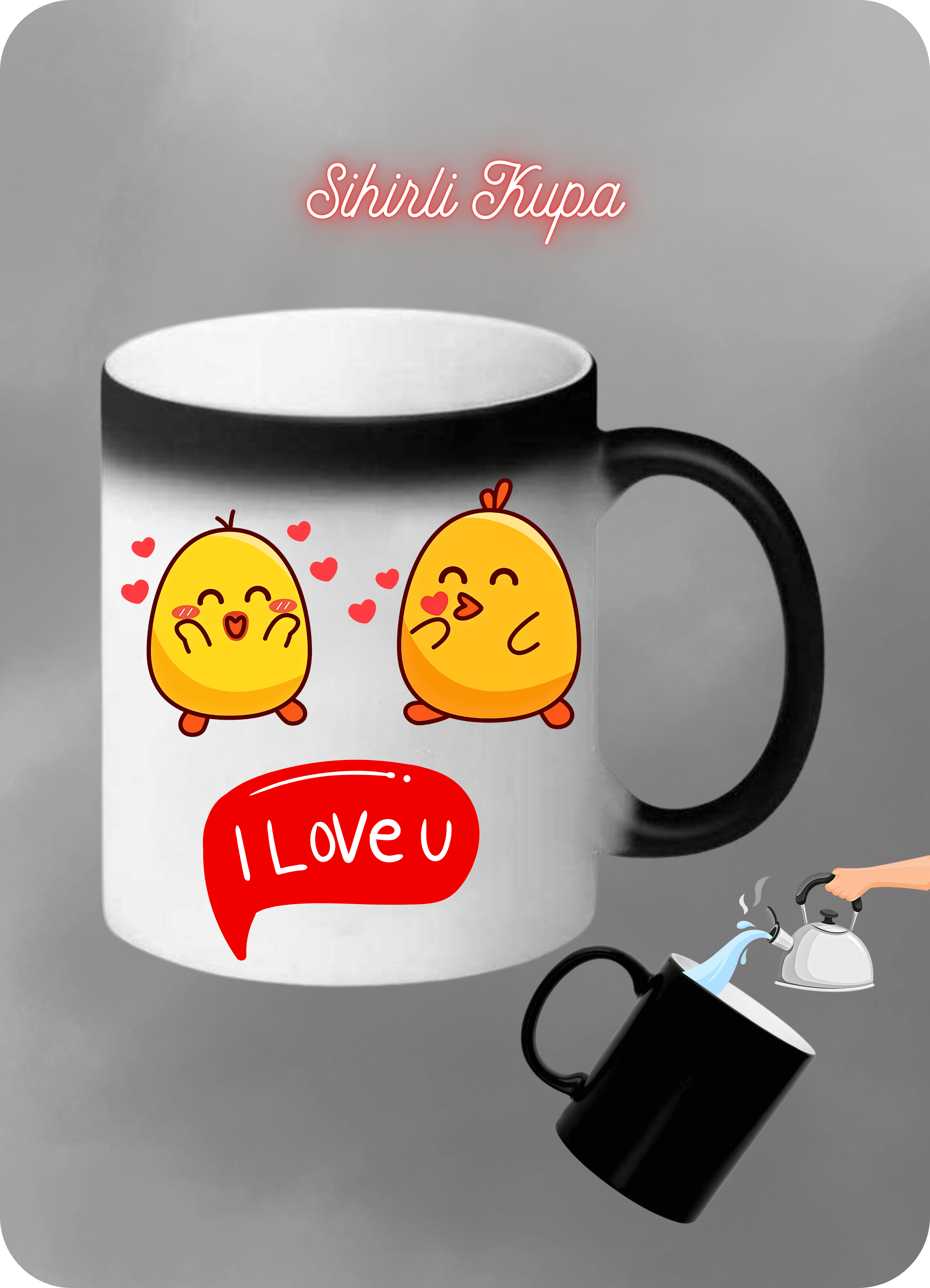Sarı CivCivler Love You Baskılı Sihirli Kupa Bardak Çay Kahve Fincanı