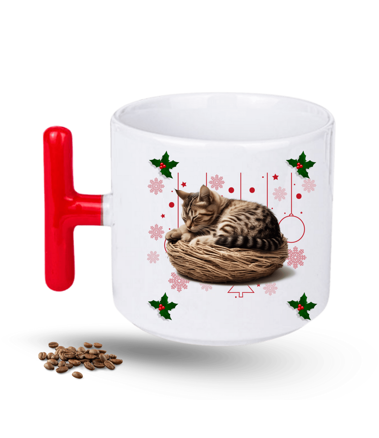 Noel Kedi Temalı Kedi Sever Baskılı T Saplı Porselen Kupa Bardak