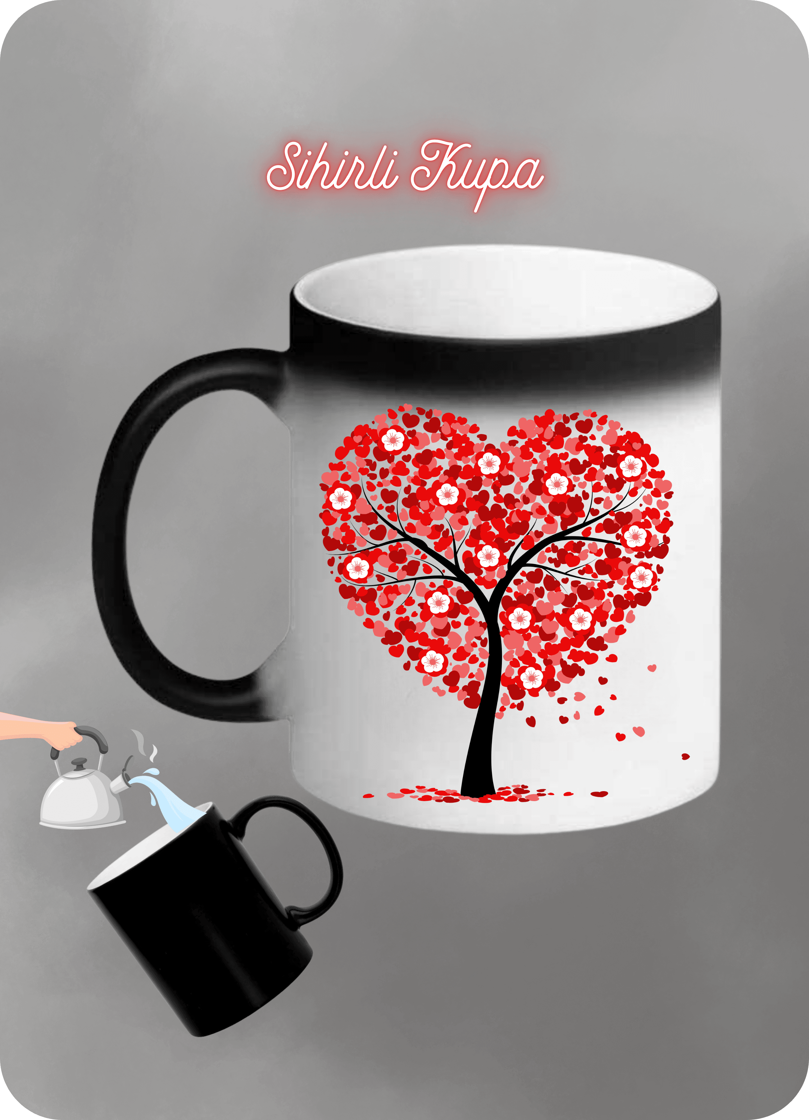 Kalpli Hayat Ağacı Baskılı Sihirli Kupa Bardak Çay Kahve Fincanı