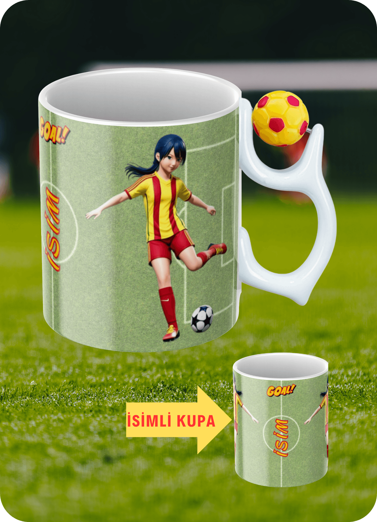 Sarı Kırmızı Futbol Toplu Sarı Kırmızı Formalı Kadın Futbolcu İsimli Taraftar Kupa Bardak Çay Kahve Fincanı