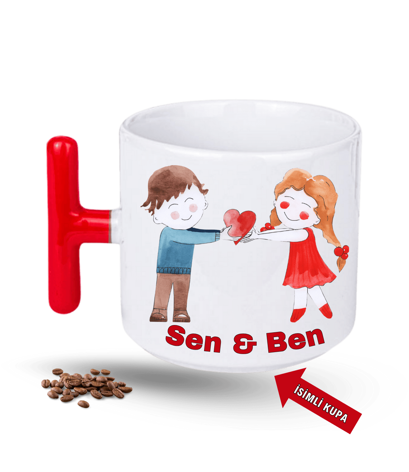 Aşk Temalı Sen ve Ben İsimli Kupa Kalpli Baskılı T Saplı Porselen Kupa Bardak-2