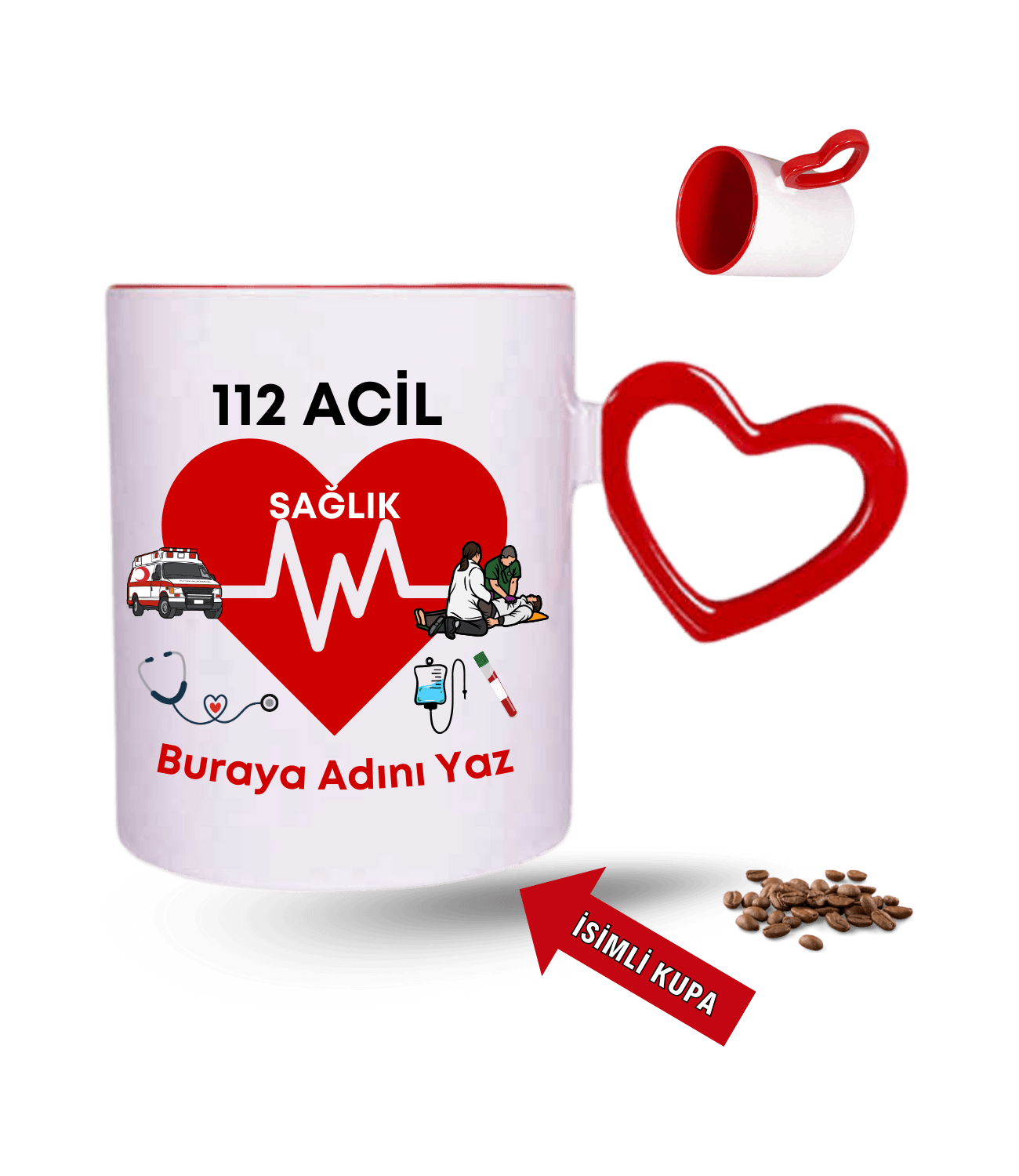 112 Acil Sağlık Temalı İsimli Kupa Baskılı Kırmızı Kalpli Porselen Kupa Bardak