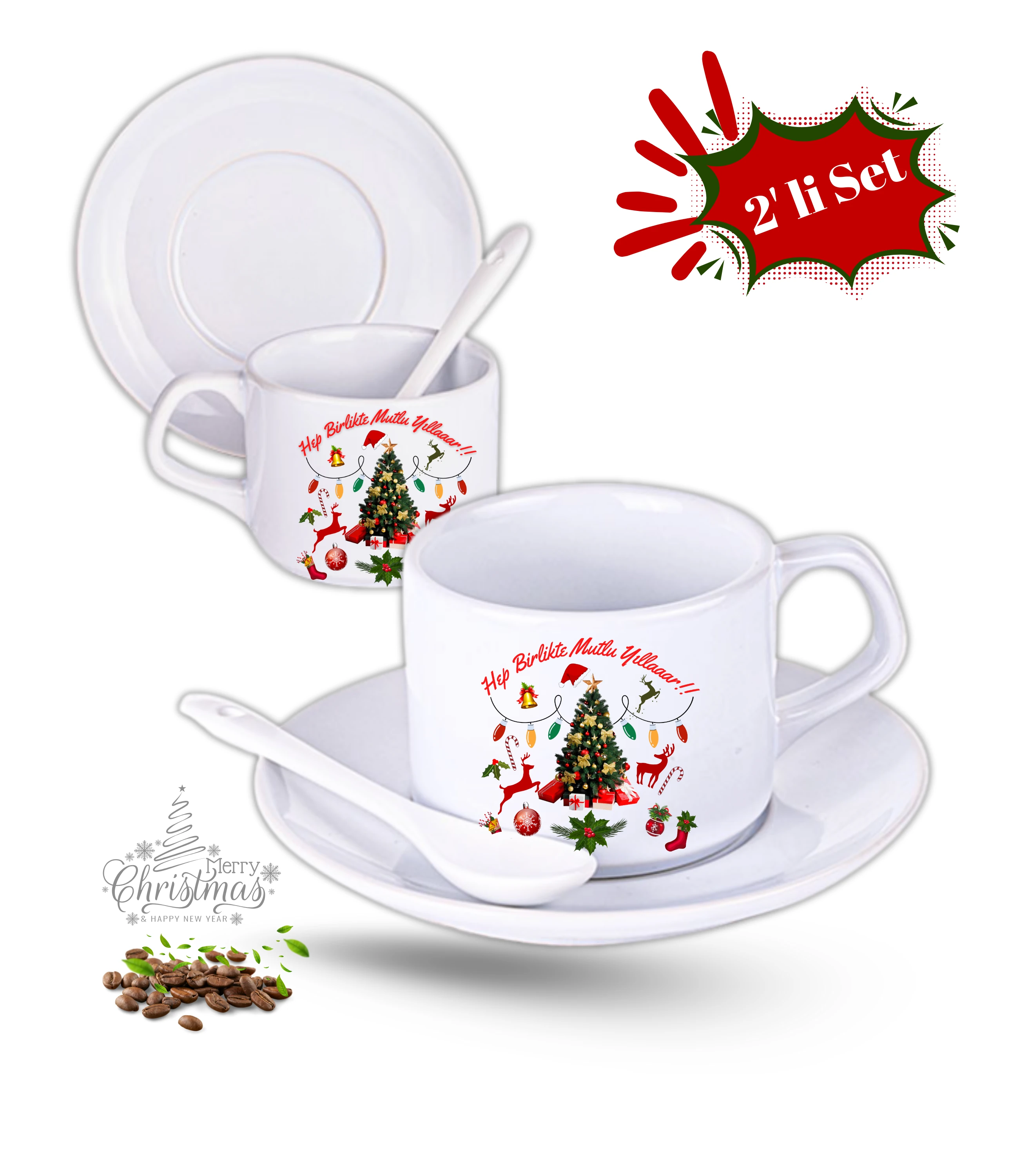 Yılbaşı Hediyesi Mutlu Yıllar Baskılı 2li Set Porselen Çay Kahve Fincan Seti